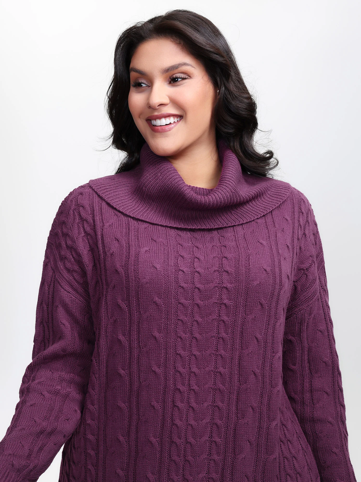 Drapey High Turtleneck Cable-Knit Pullover