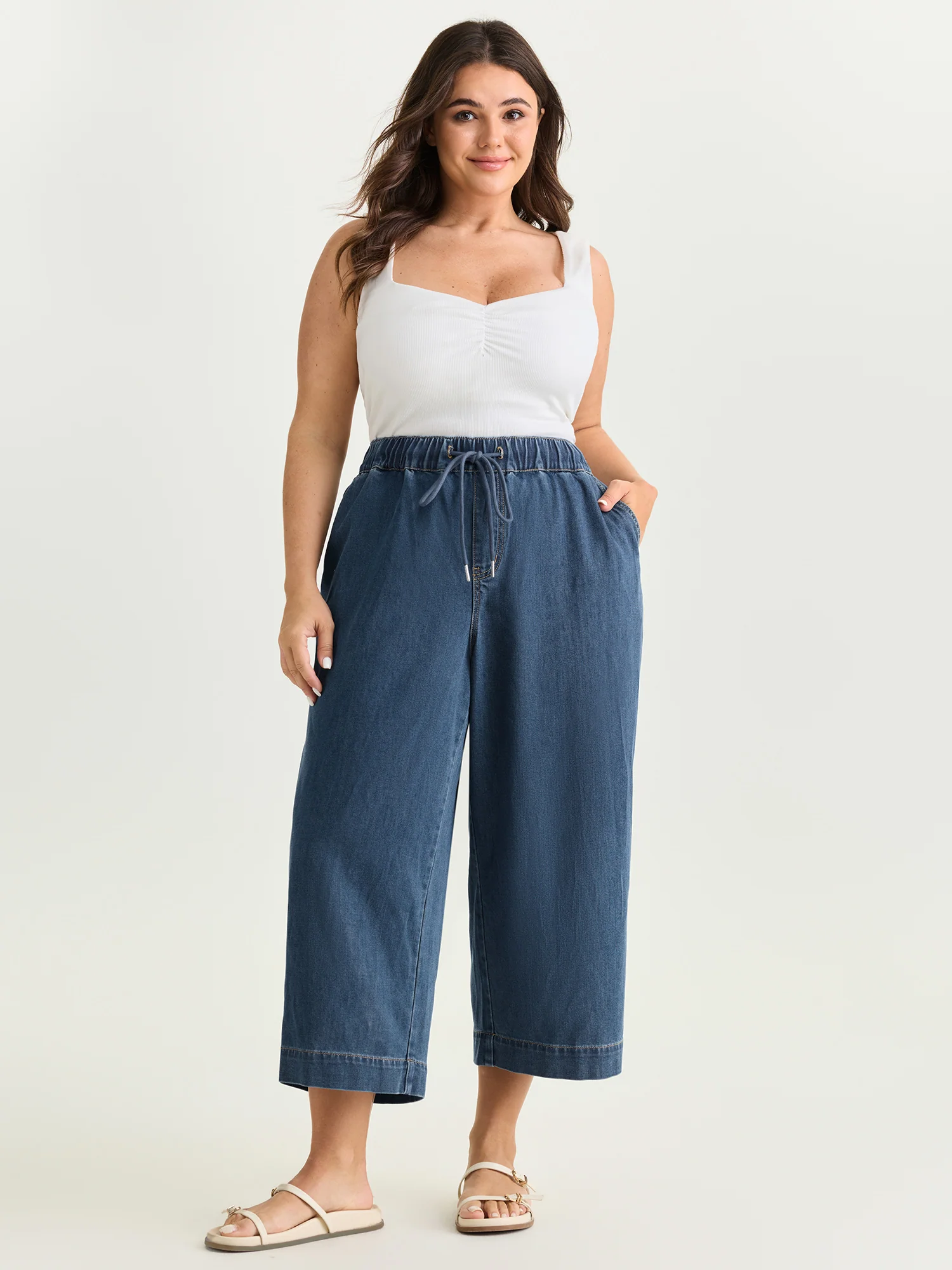 Elastic Drawstring Waistband Wide-Leg Jeans