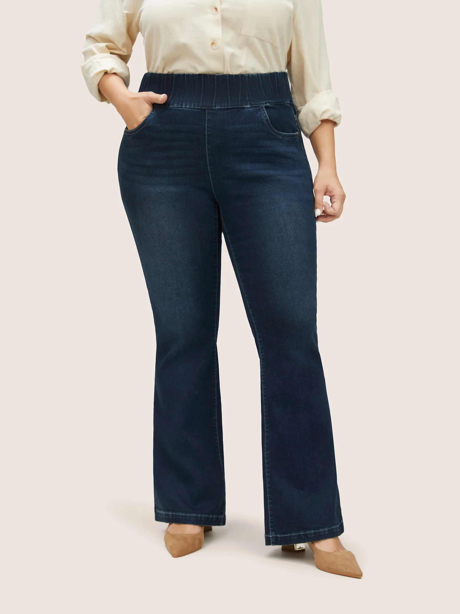 Elastic Waist Flare Leg Dark Wash Jeans