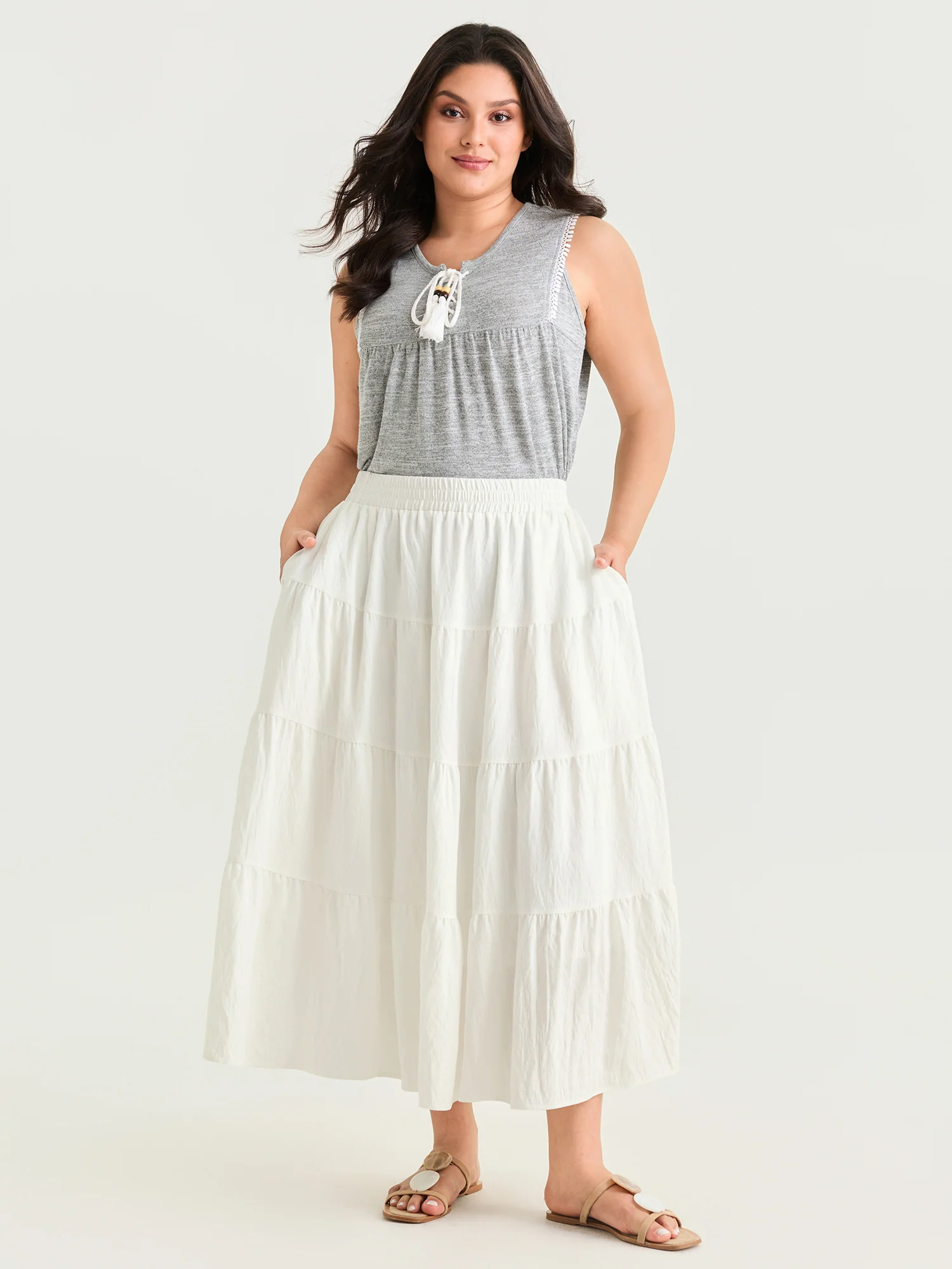 Elastic Waist Flowy Ruffle Layered Maxi Skirt