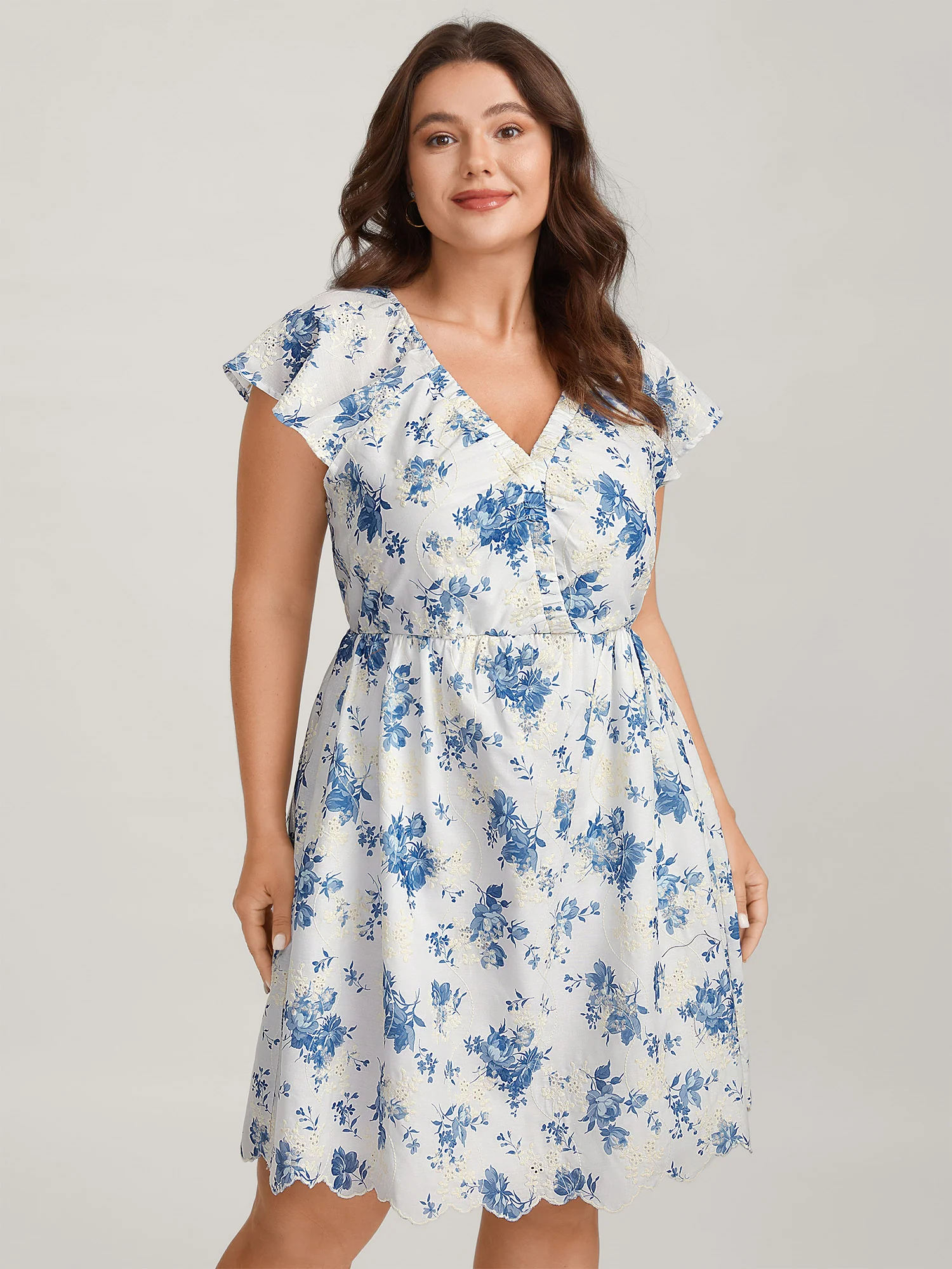 Embroidered Floral Flutter Sleeve Midi Dress