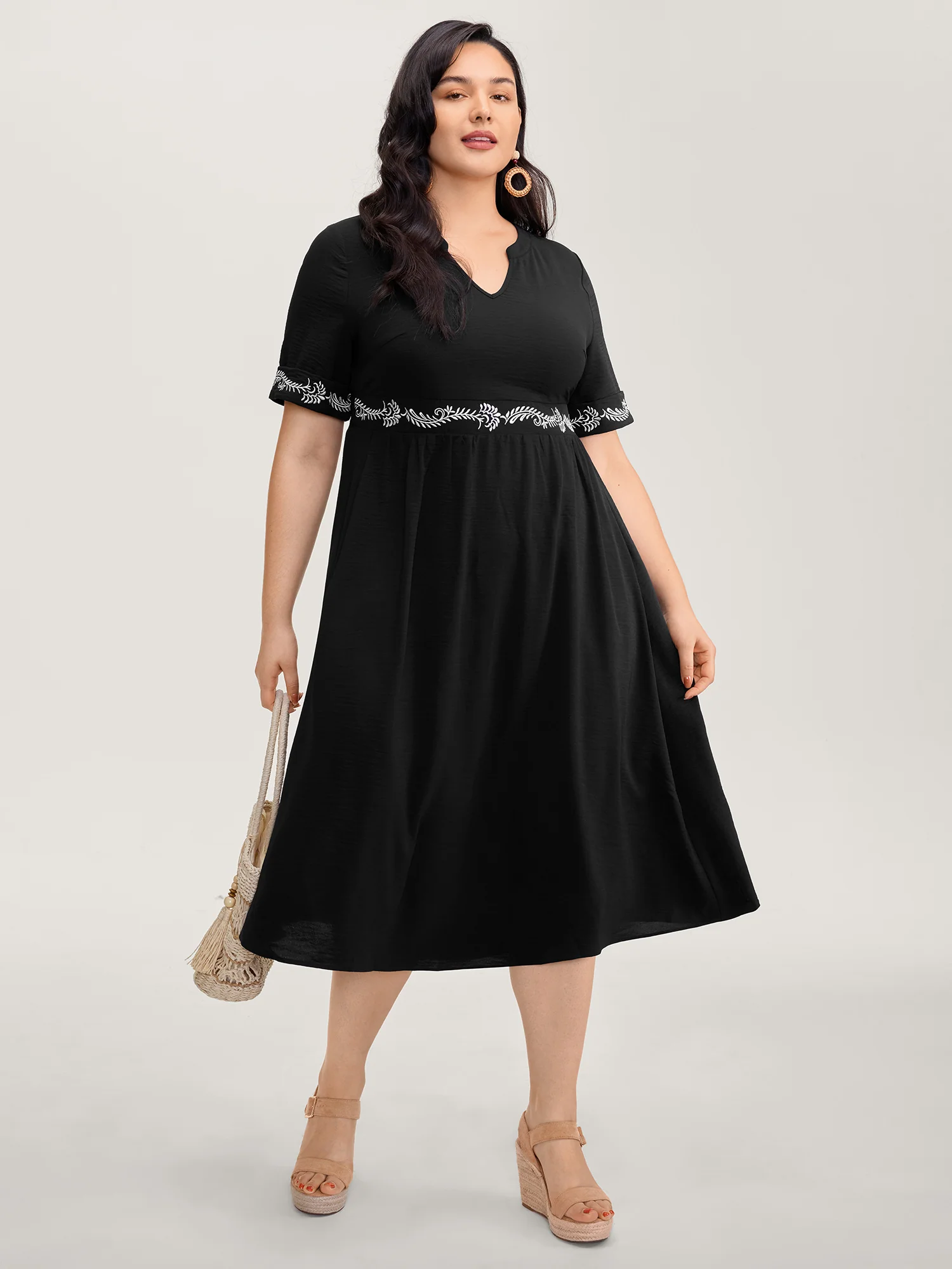 Embroidered Shirred Waist-Defining Maxi Dress