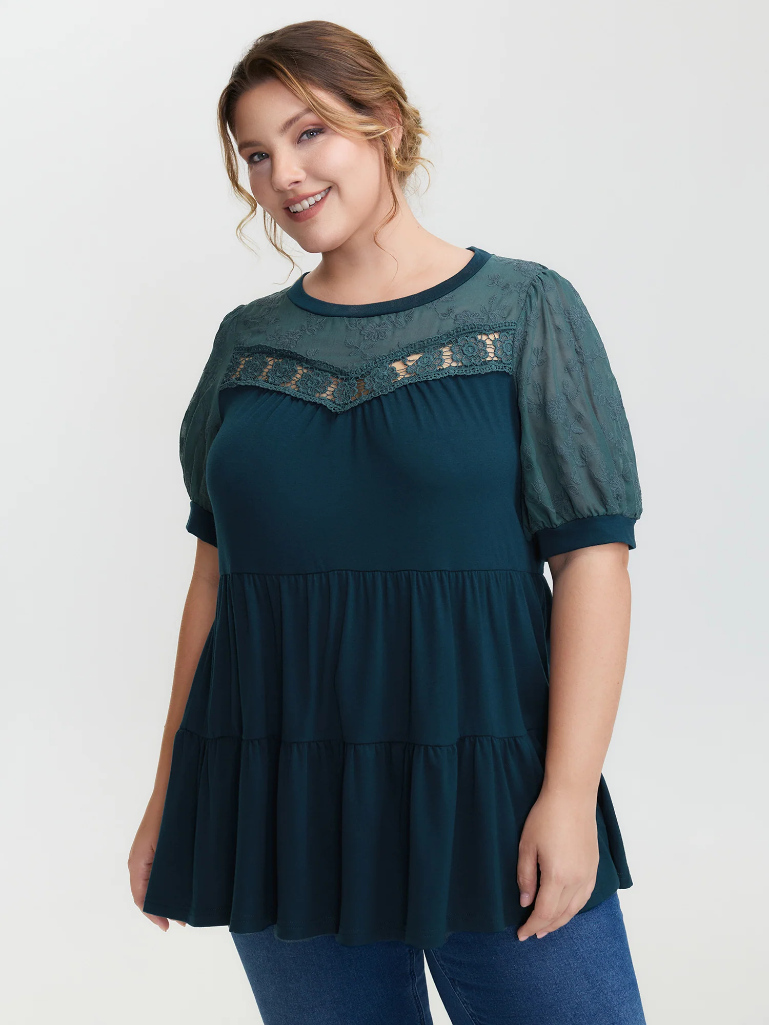 Embroidered Tiered Floral Lace T-Shirt
