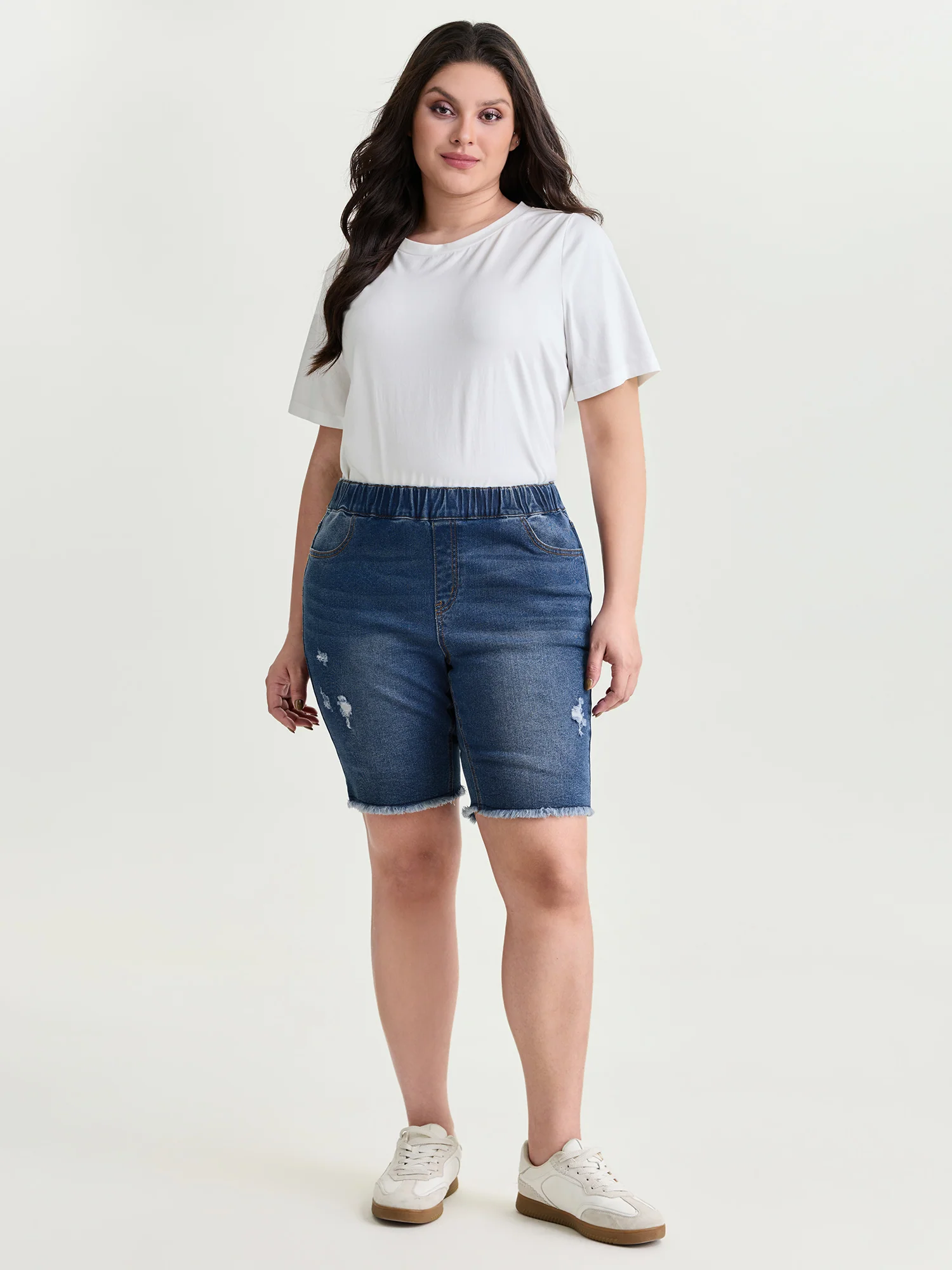 Everyday Elastic Waist Ripped Denim Shorts