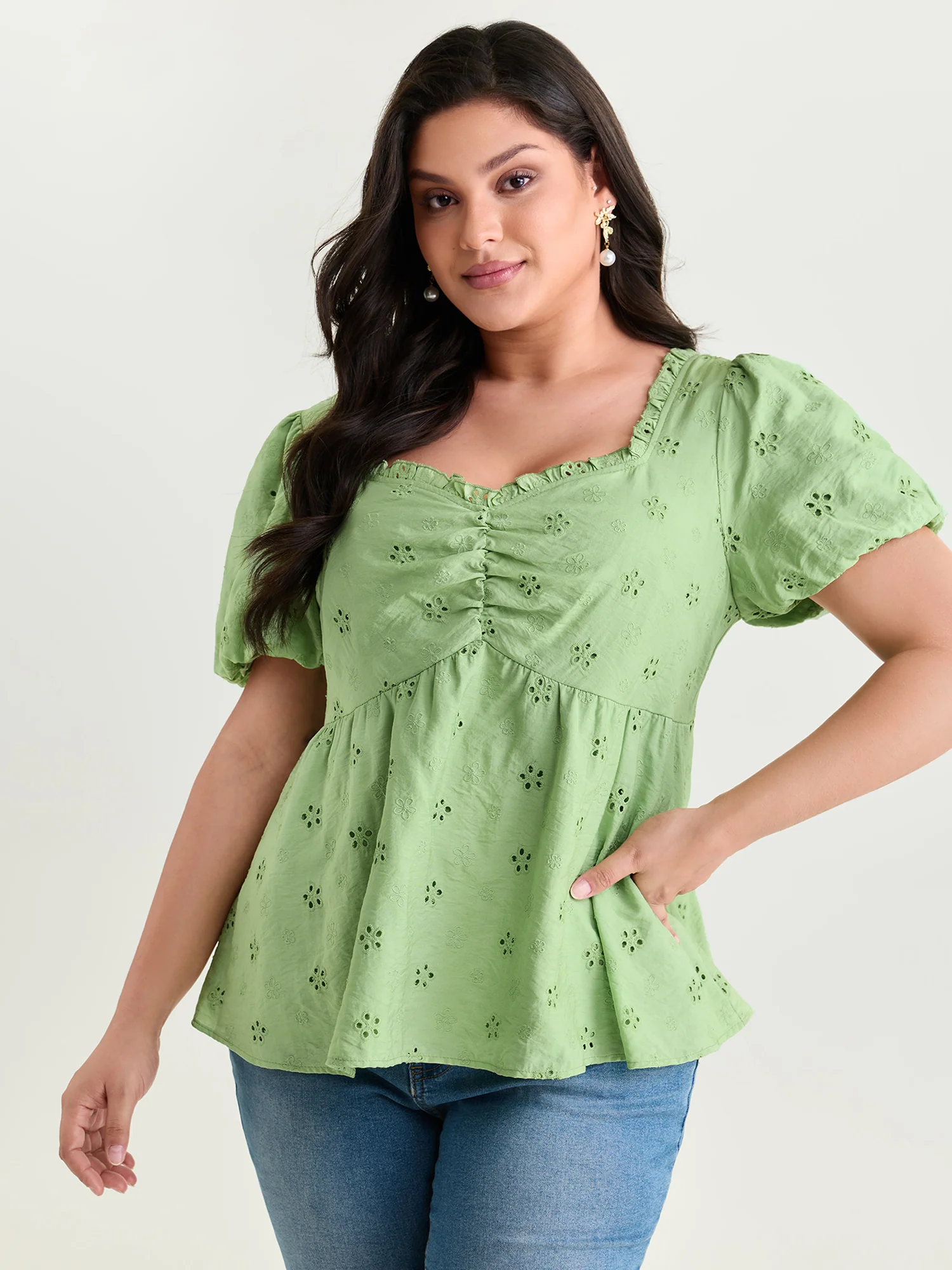 Eyelet Embroidered Shirred Back Blouse