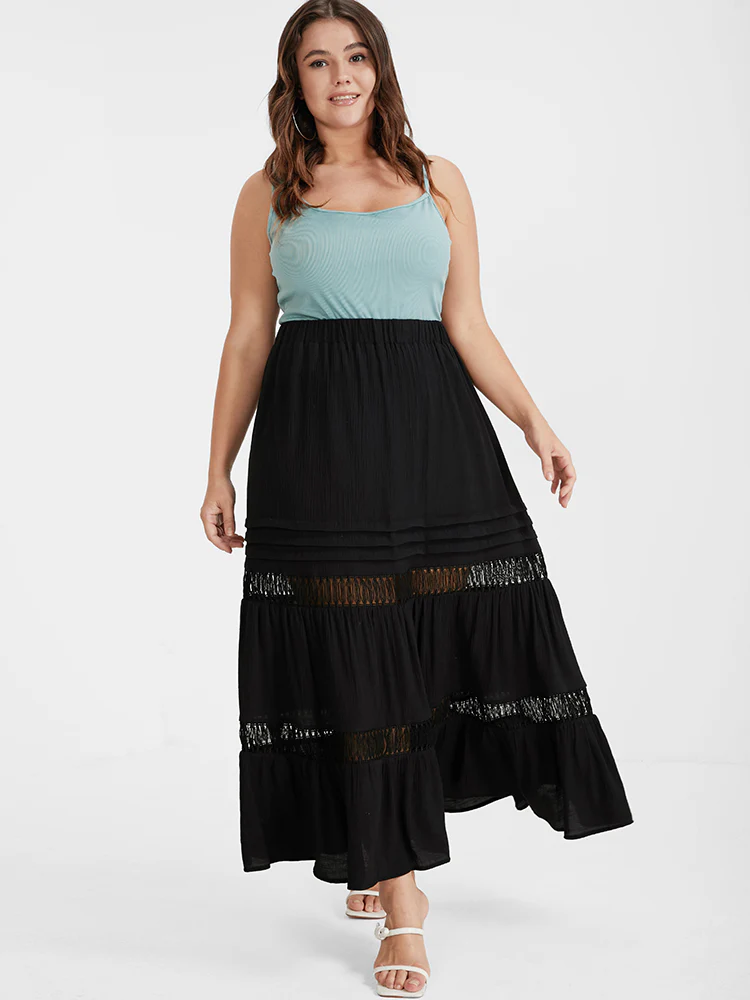 Eyelet Lace Patchwork Elastic Waist Skirt - Image 2