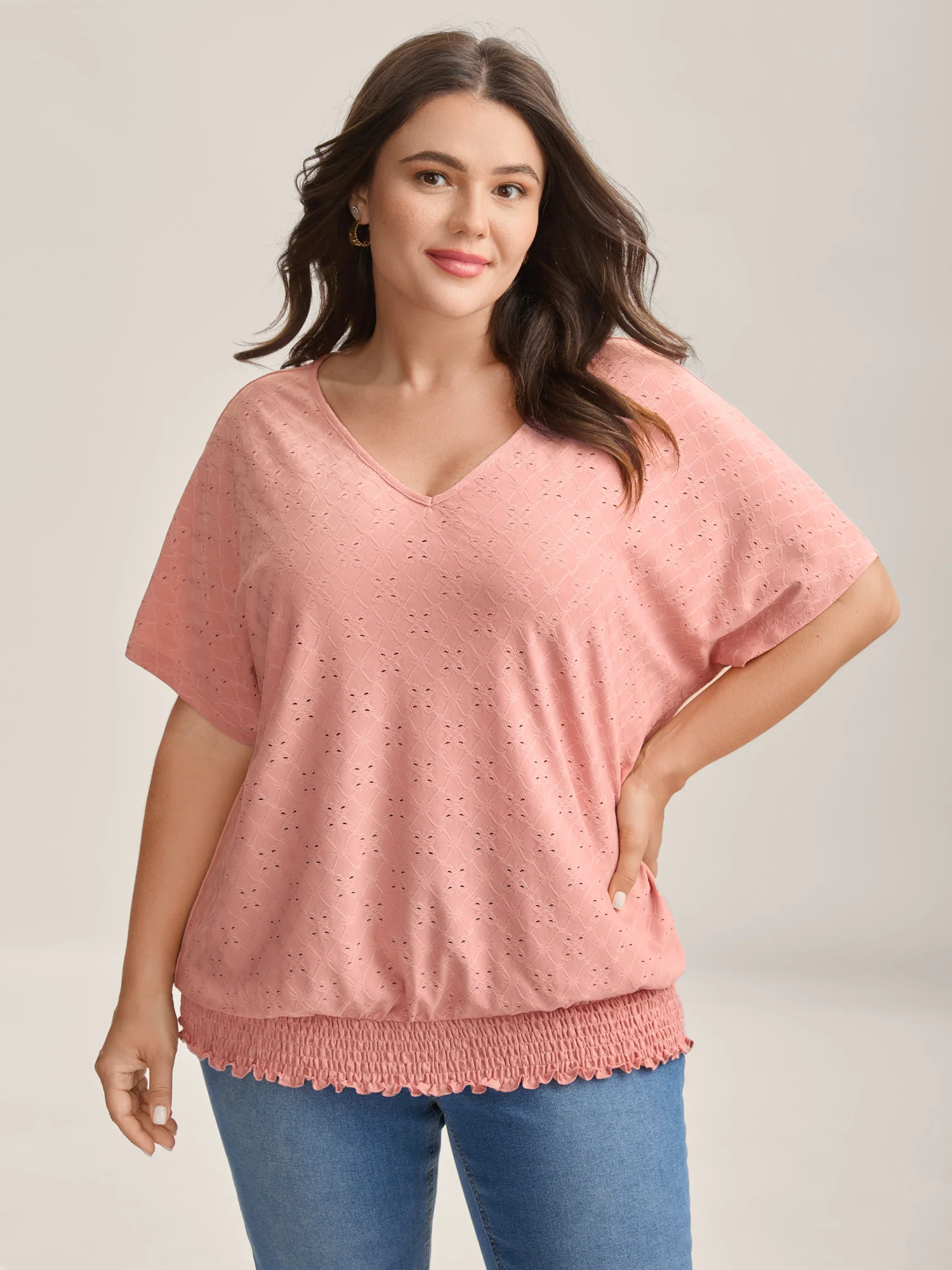 Eyelet Trim Flared Sleeve Shirred Hem Top