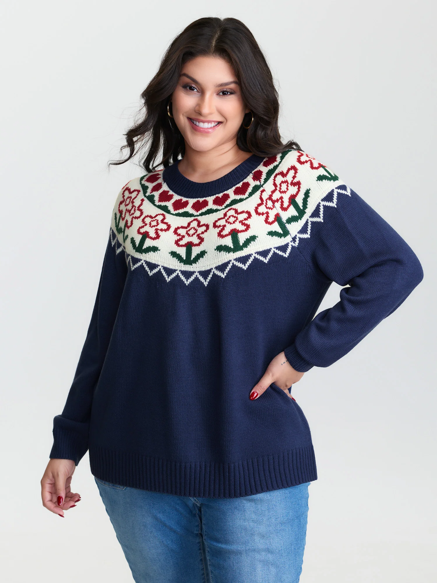 Fair-Isle Floral Pattern Pullover