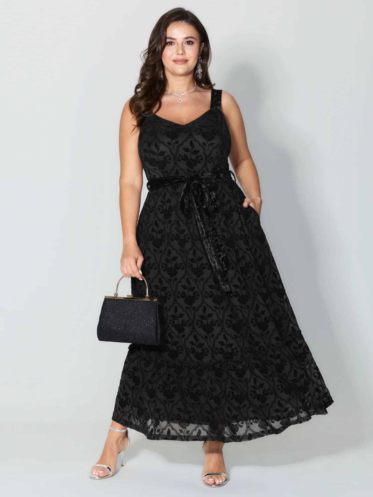 Flocked Spliced Velvety Tie Maxi Dress