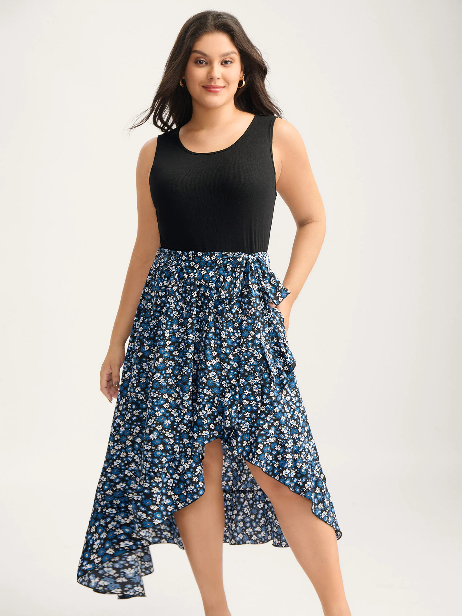 Floral Asymmetrical Hem Bow-Tie Midi Dress