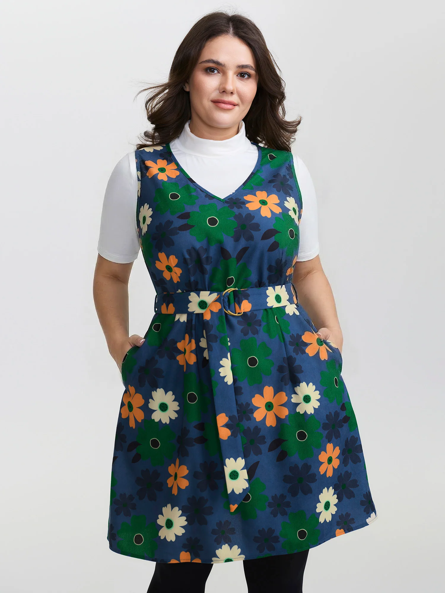 Floral Belted Waist-Defining Knee Dress