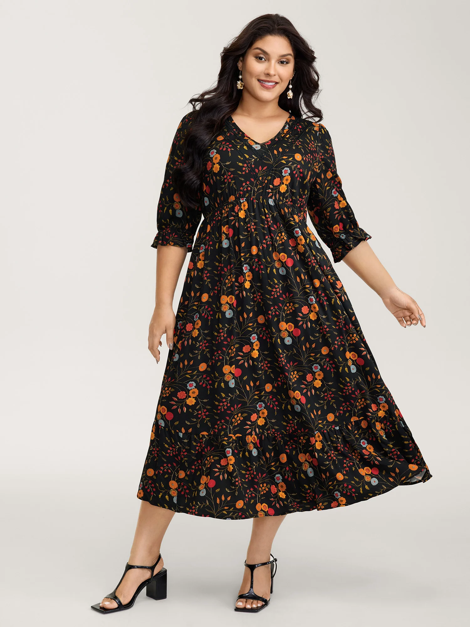 Floral Branch Print Lace Trim Midi Dress