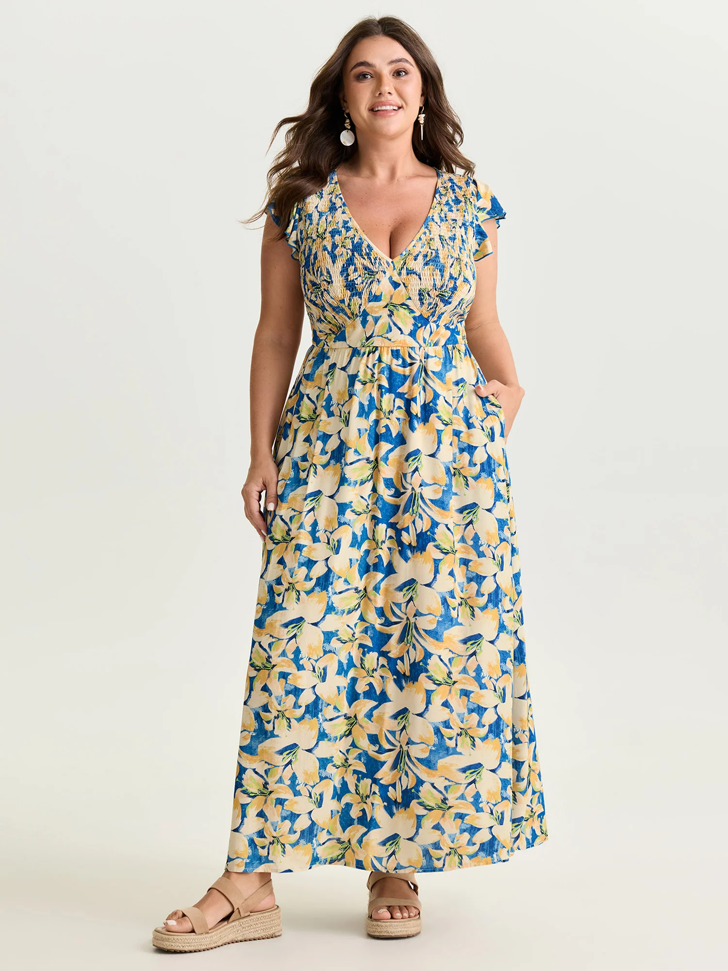 Floral Breeze Shirred V-Neck Maxi Dress