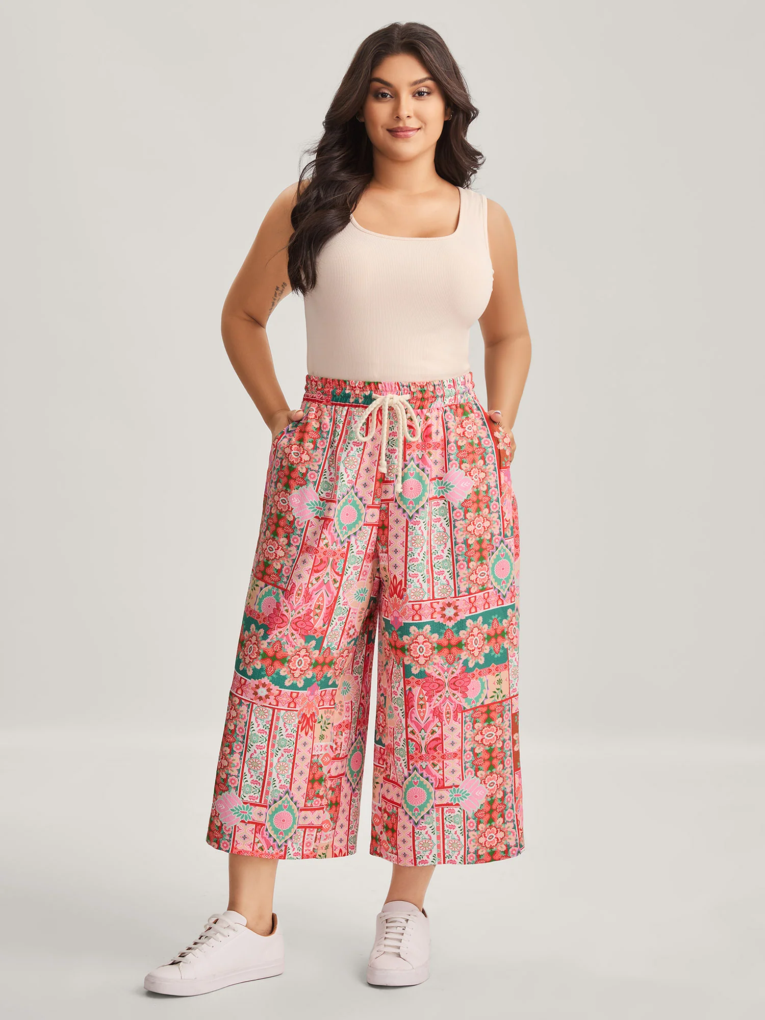Floral Collage Stretchy Waist Wide-Leg Pants