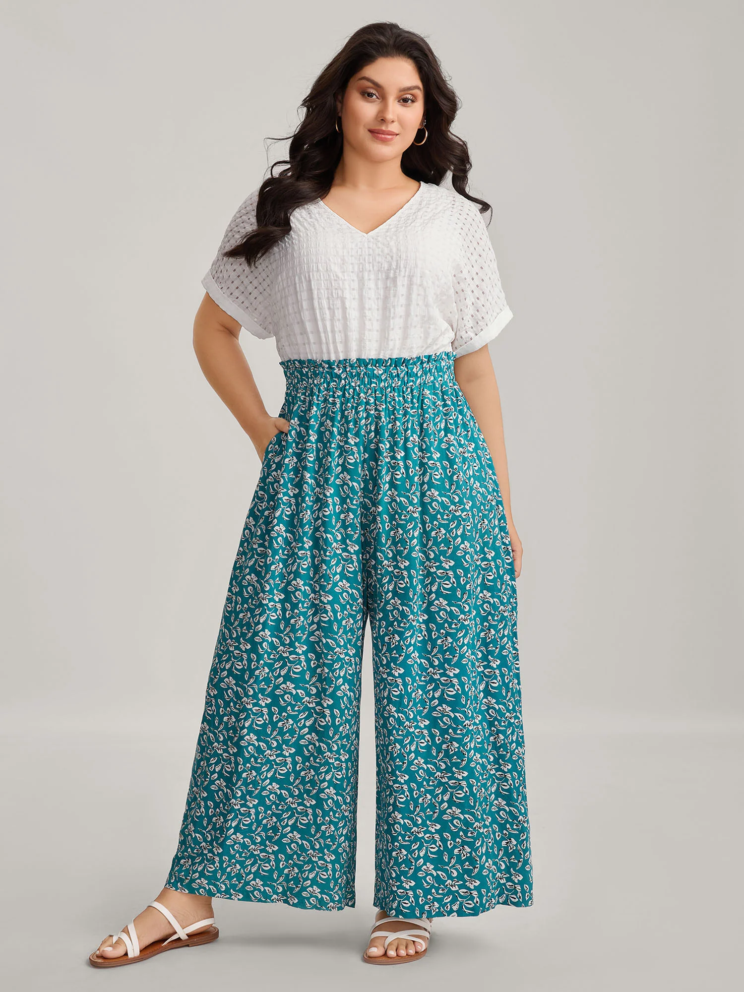 Floral Color Contrast Shirred Jumpsuit