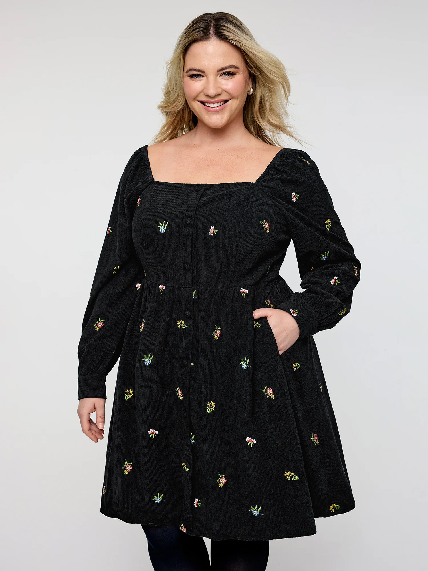 Floral Corduroy Embroidery Square Neck Knee Dress