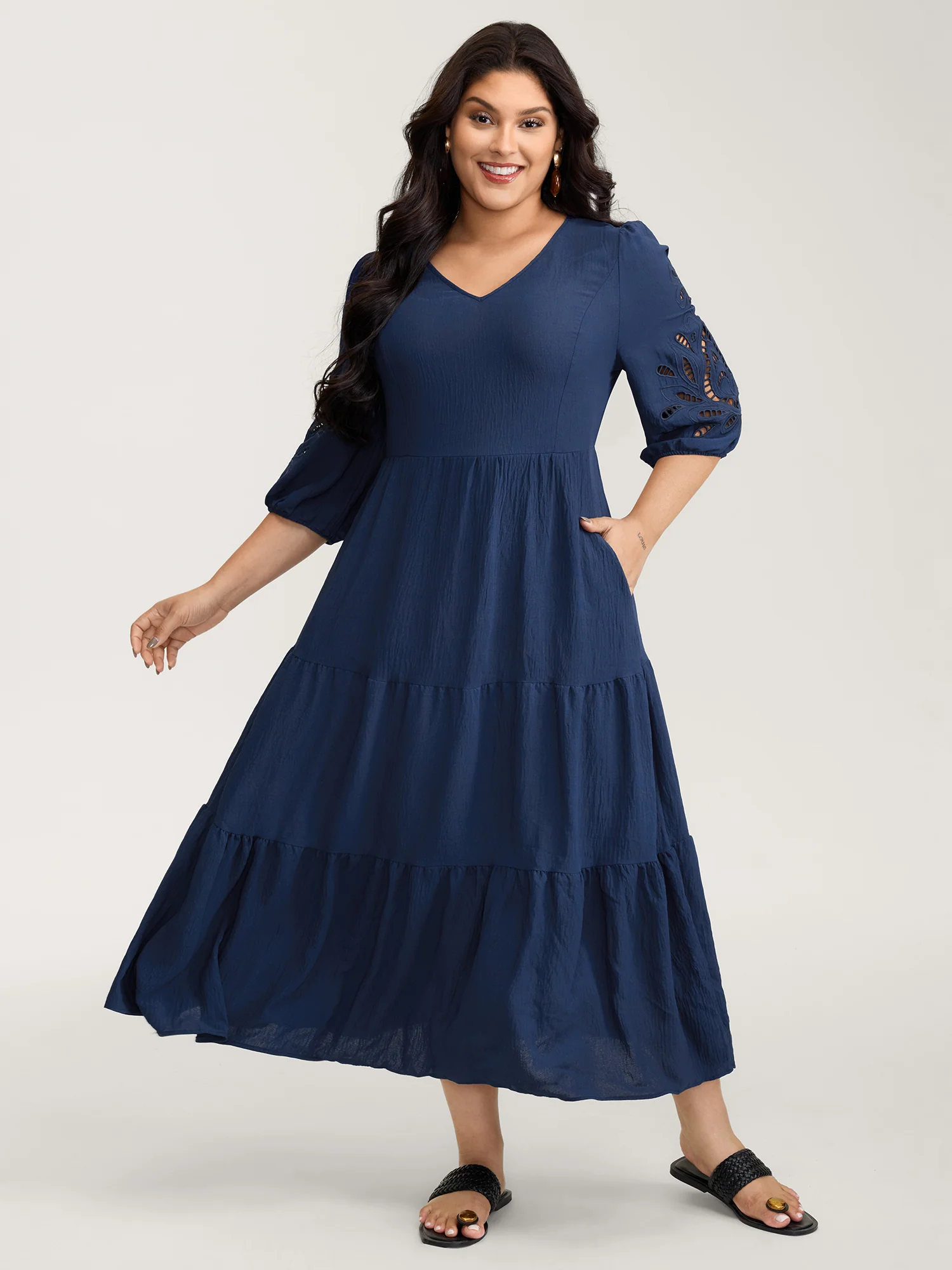 Floral Cut-Out Embroidery Tiered Maxi Dress