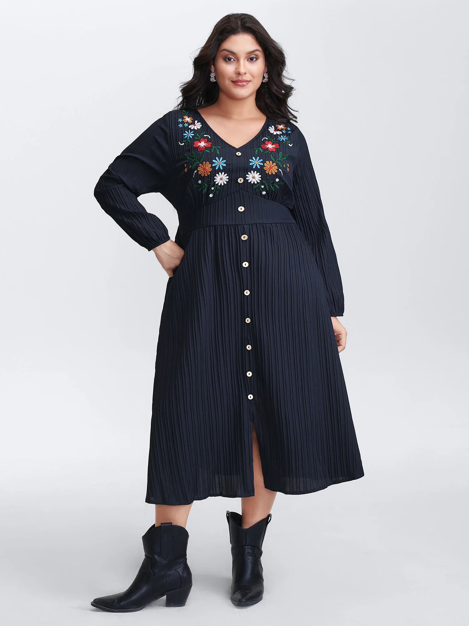 Floral Embroidered Cinched-Waist Midi Dress