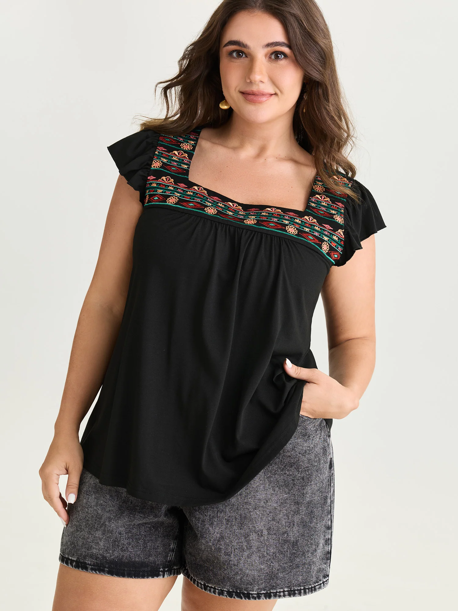 Floral Embroidered Neckline Knit Top