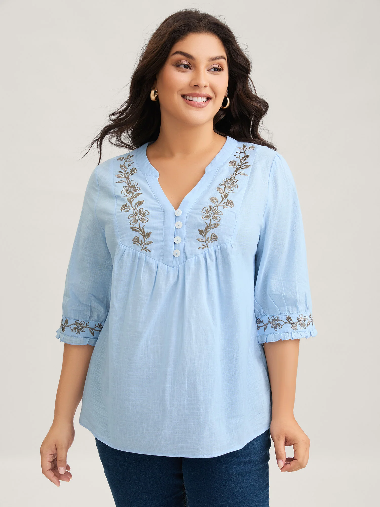 Cotton Floral Embroidered Notched Collar Frill Trim Blouse - Image 2