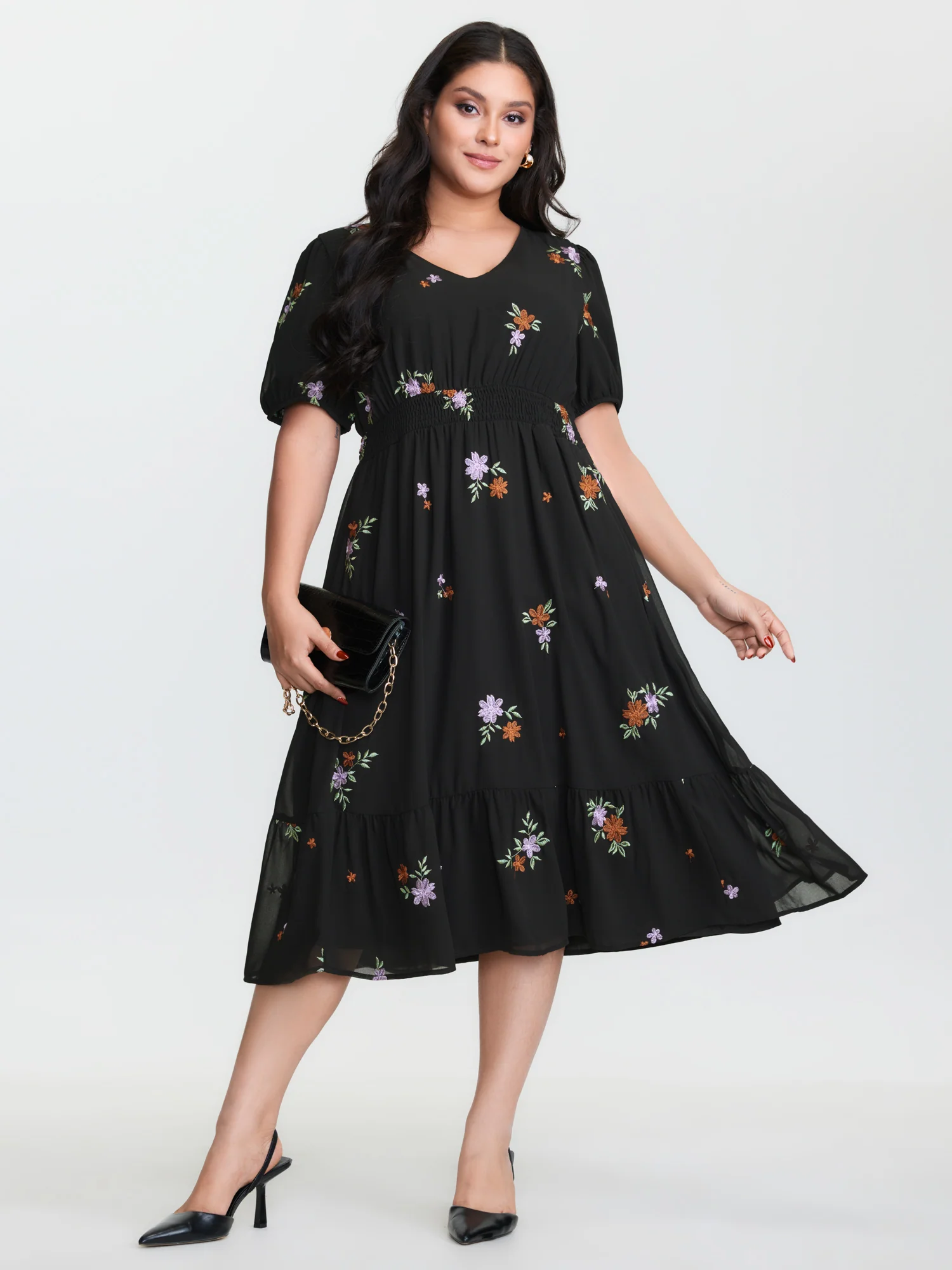Floral Embroidered Shirred Waist Midi Dress