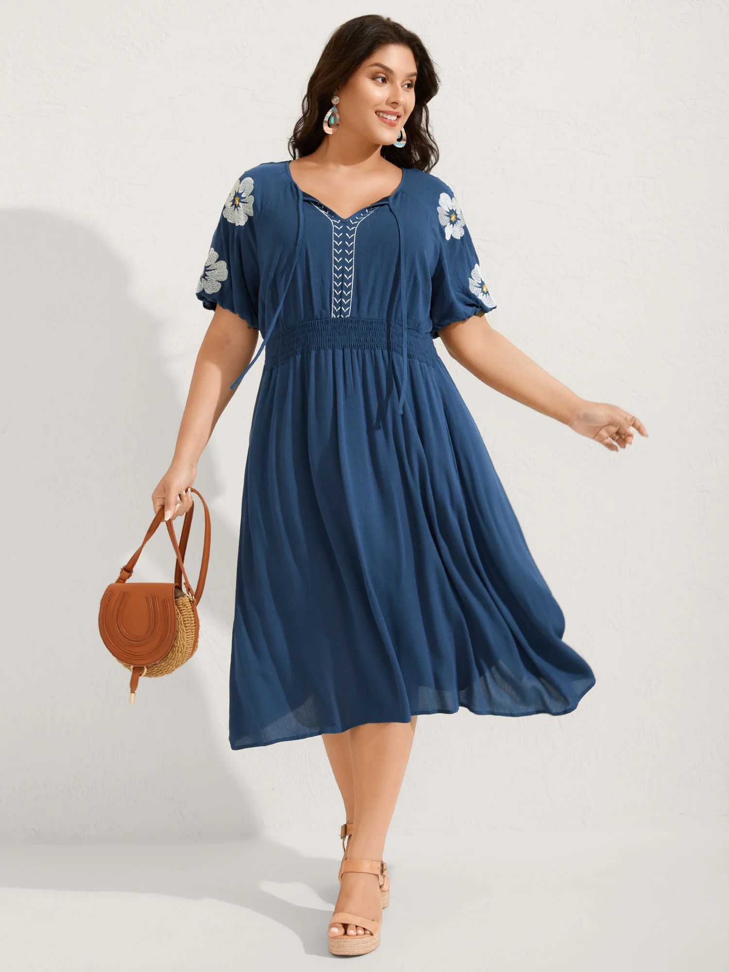 Floral Embroidered Shirred Waist Midi Dress