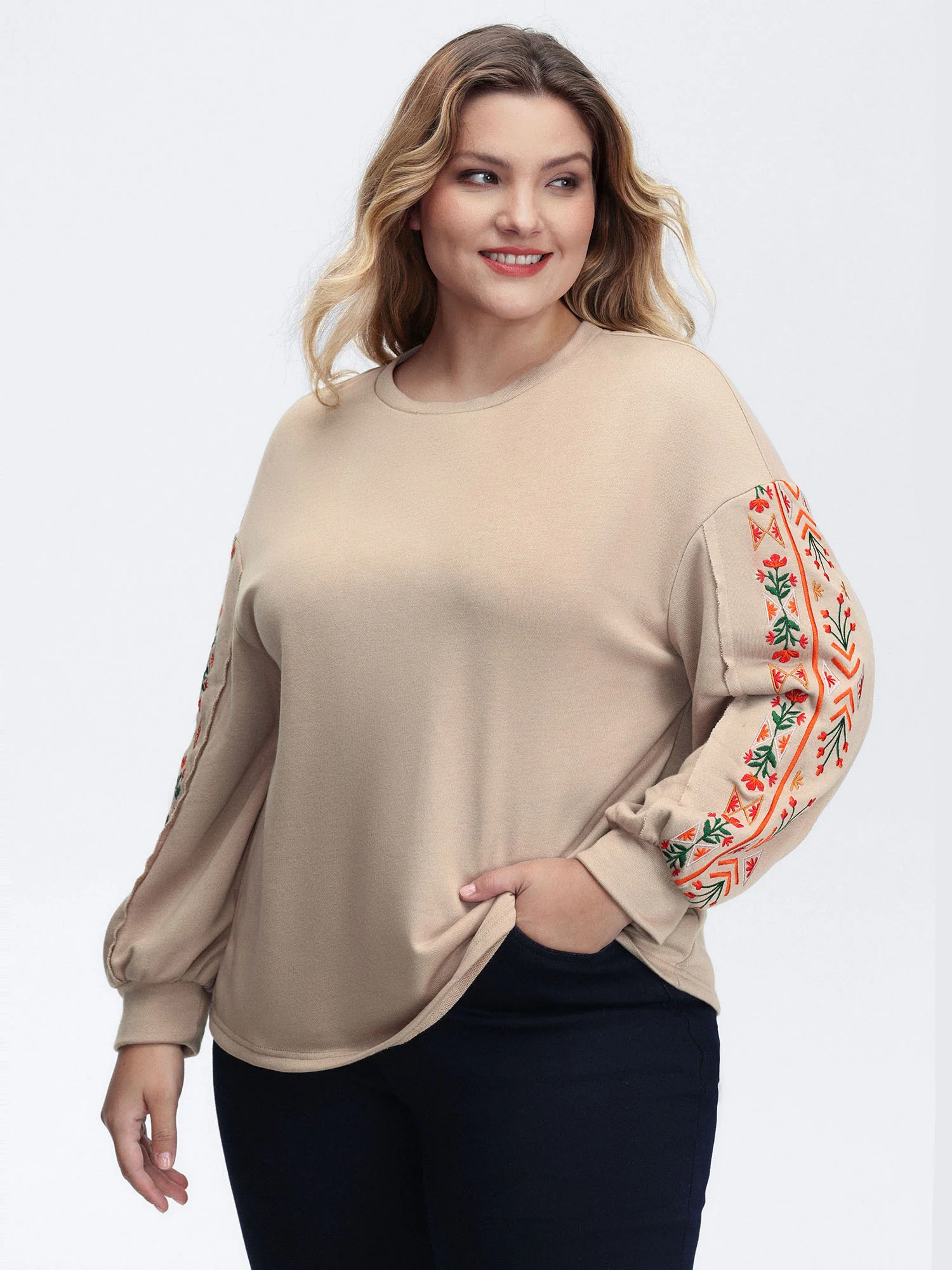 Floral Embroidered Sleeve Sweatshirt
