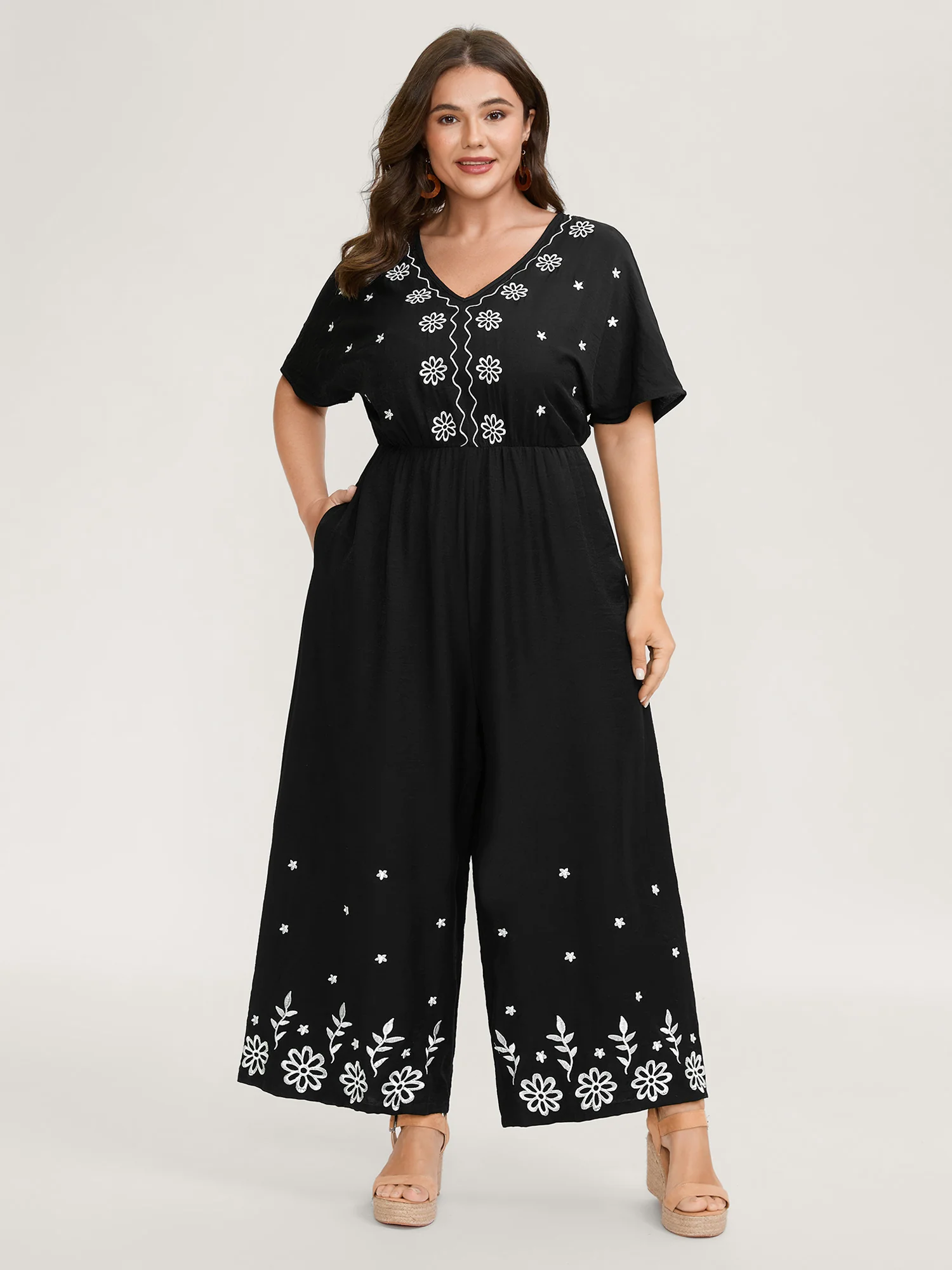 Floral Embroidery V-Neck Jumpsuit