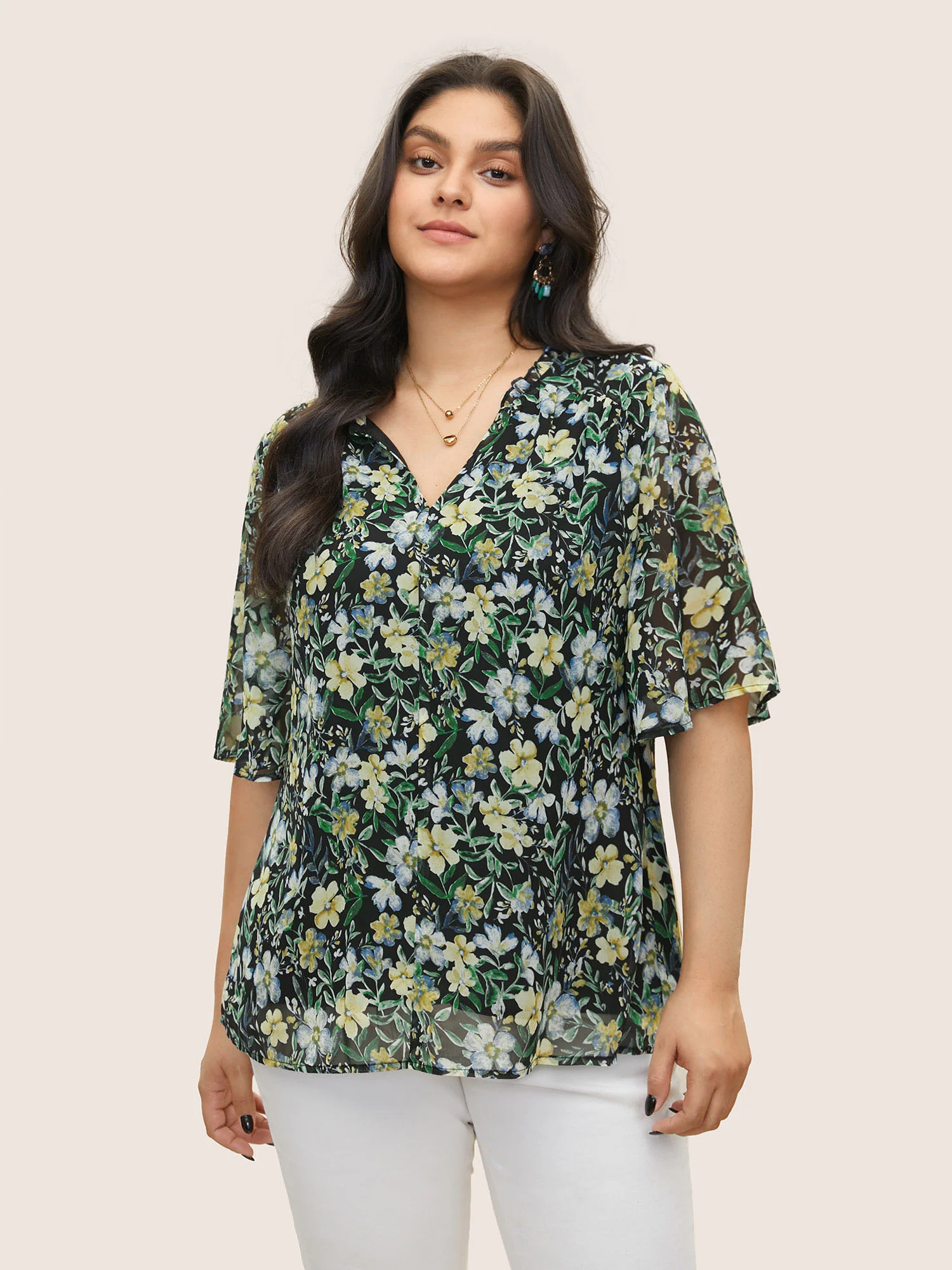 Floral Frill Trim Flutter Sleeve Blouse
