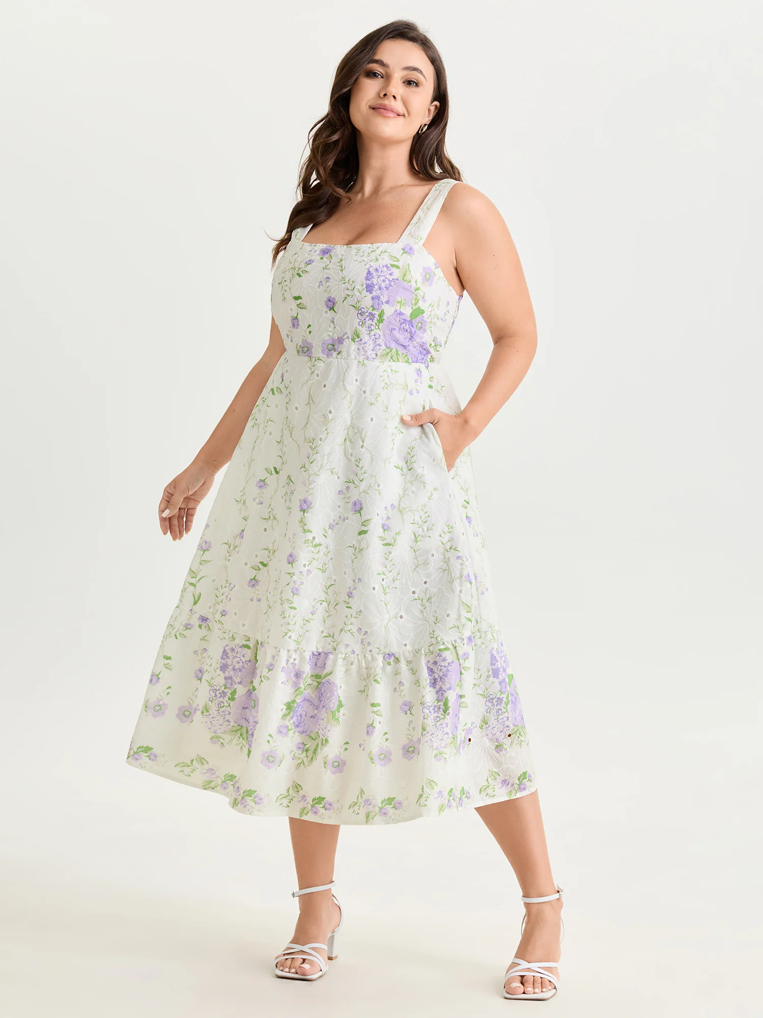 Floral Garden Print Wide Straps Midi Dress