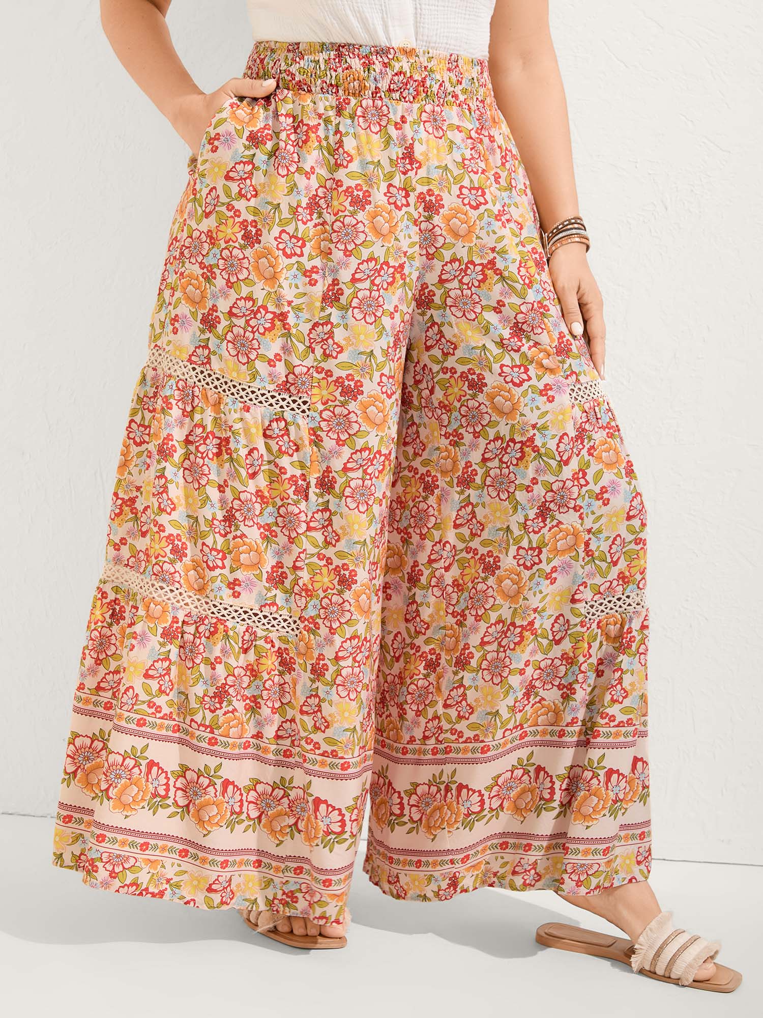 Floral Lace Trim Flowy Wide-Leg Pants