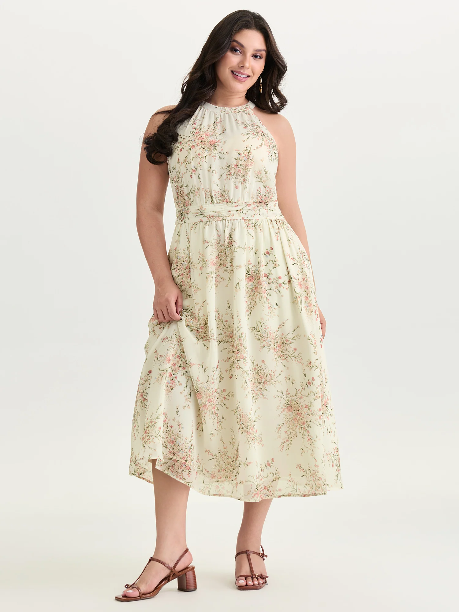 Floral Mix Halter Neckline Shirred Maxi Dress