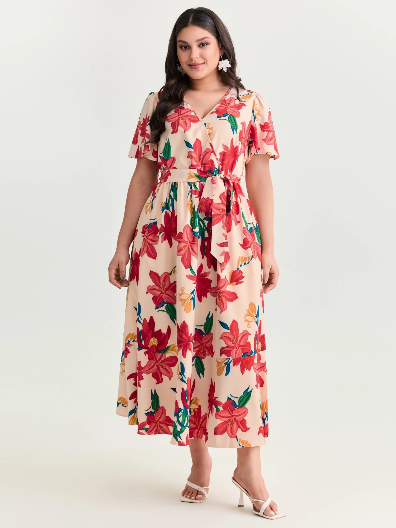 Floral Mix Wrap Neck-Tie Maxi Dress
