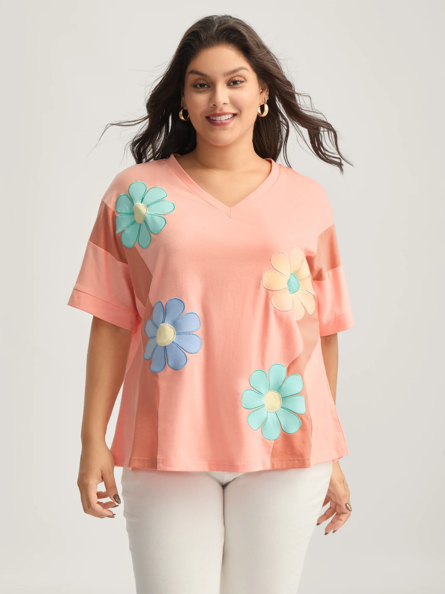 Floral Patchwork Embroidery Color Block T-Shirt