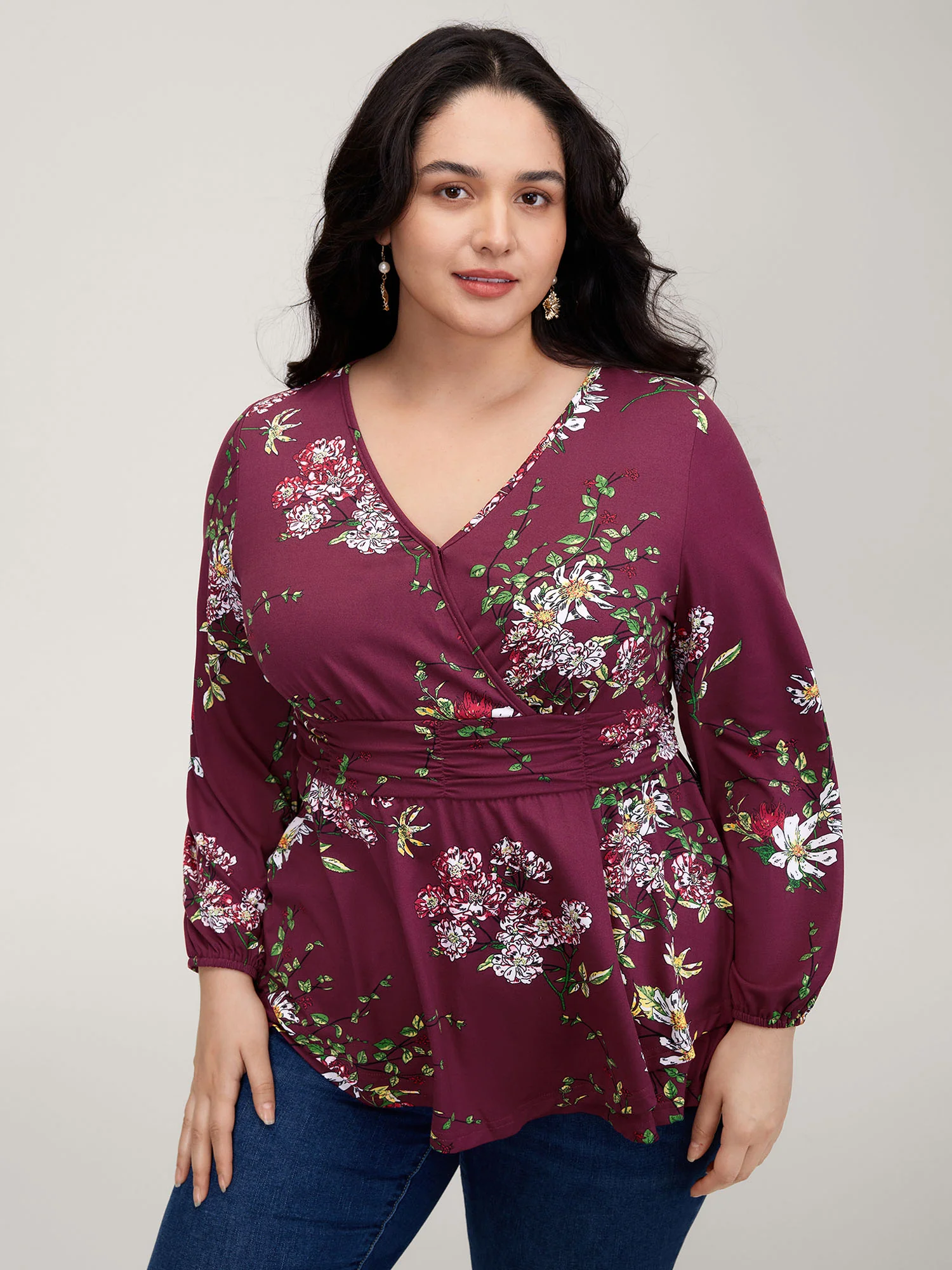 Floral Pleated Waist Stretchy Knit Top