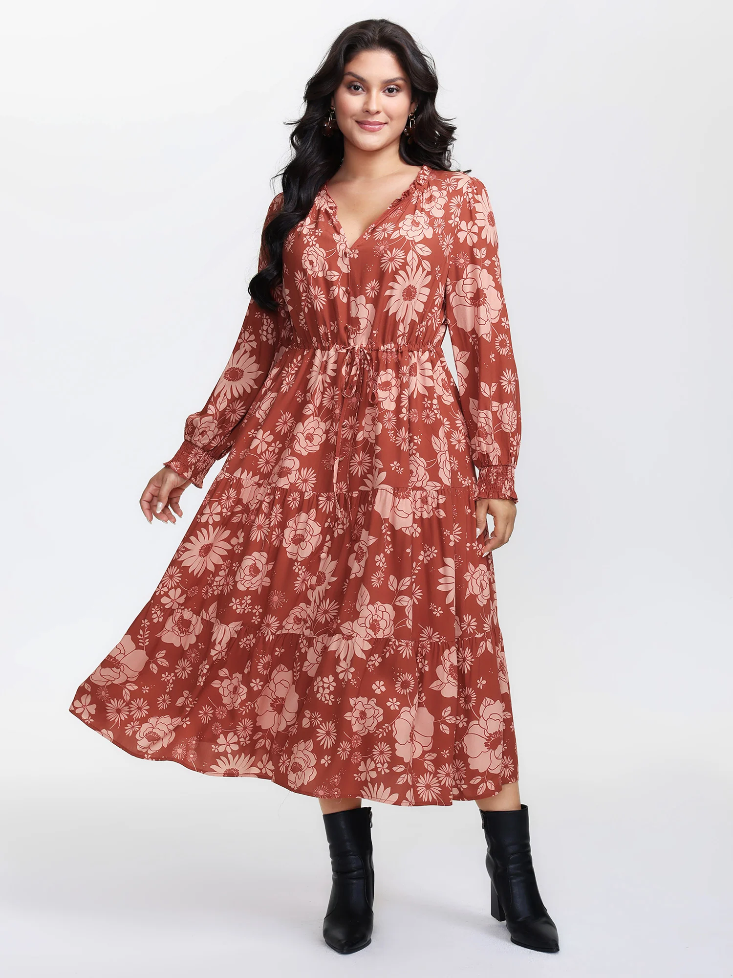 Floral Print Adjustable Waist-Tie Maxi Dress