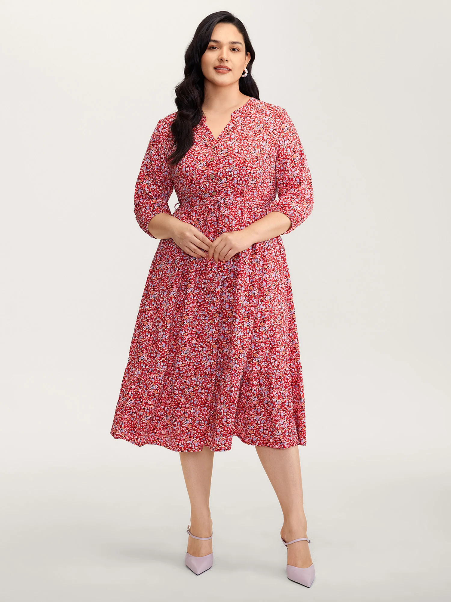 Floral Print Belted Waist Midi Dress