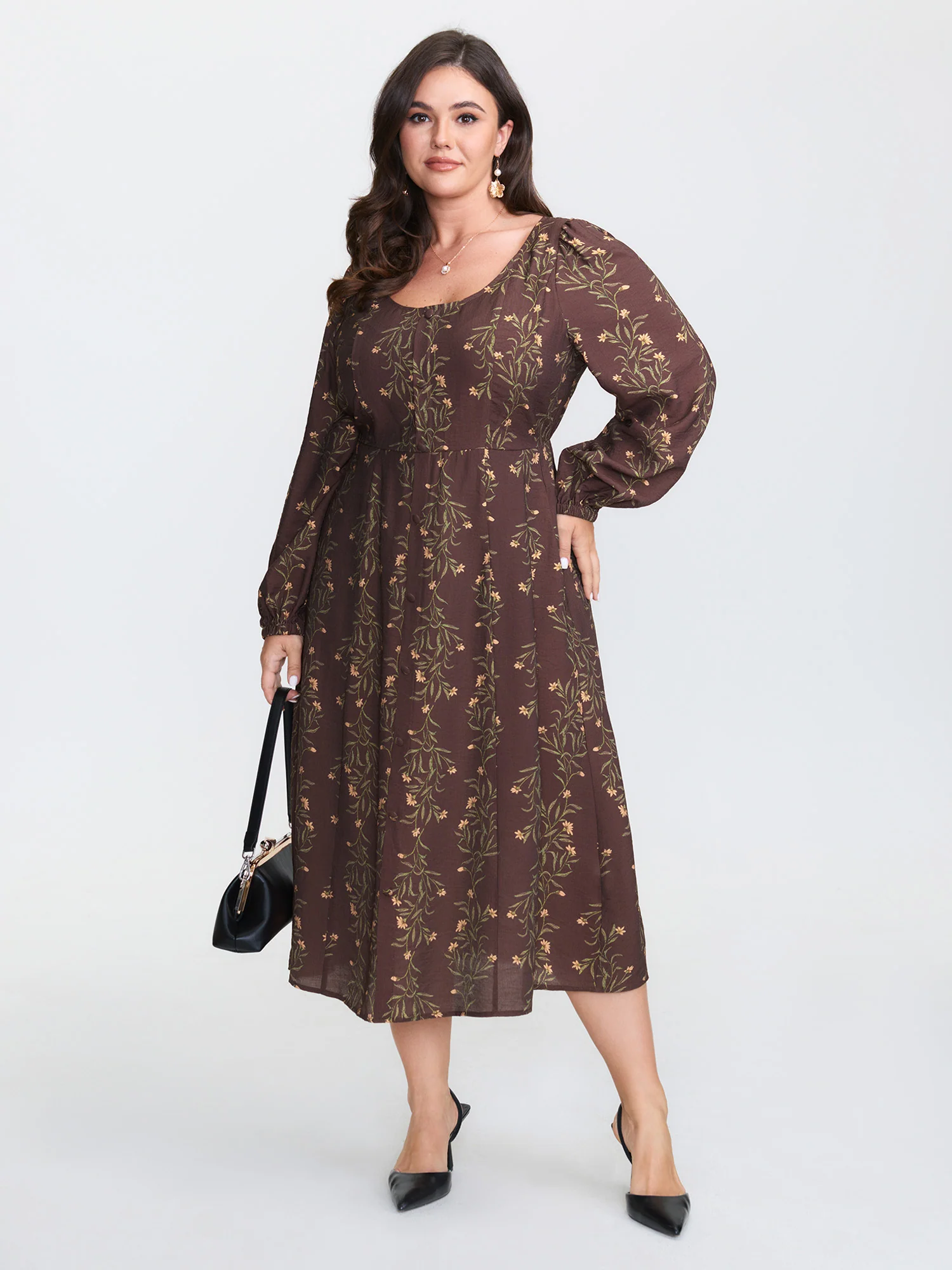 Floral Print Button Detail Round Neck Midi Dress