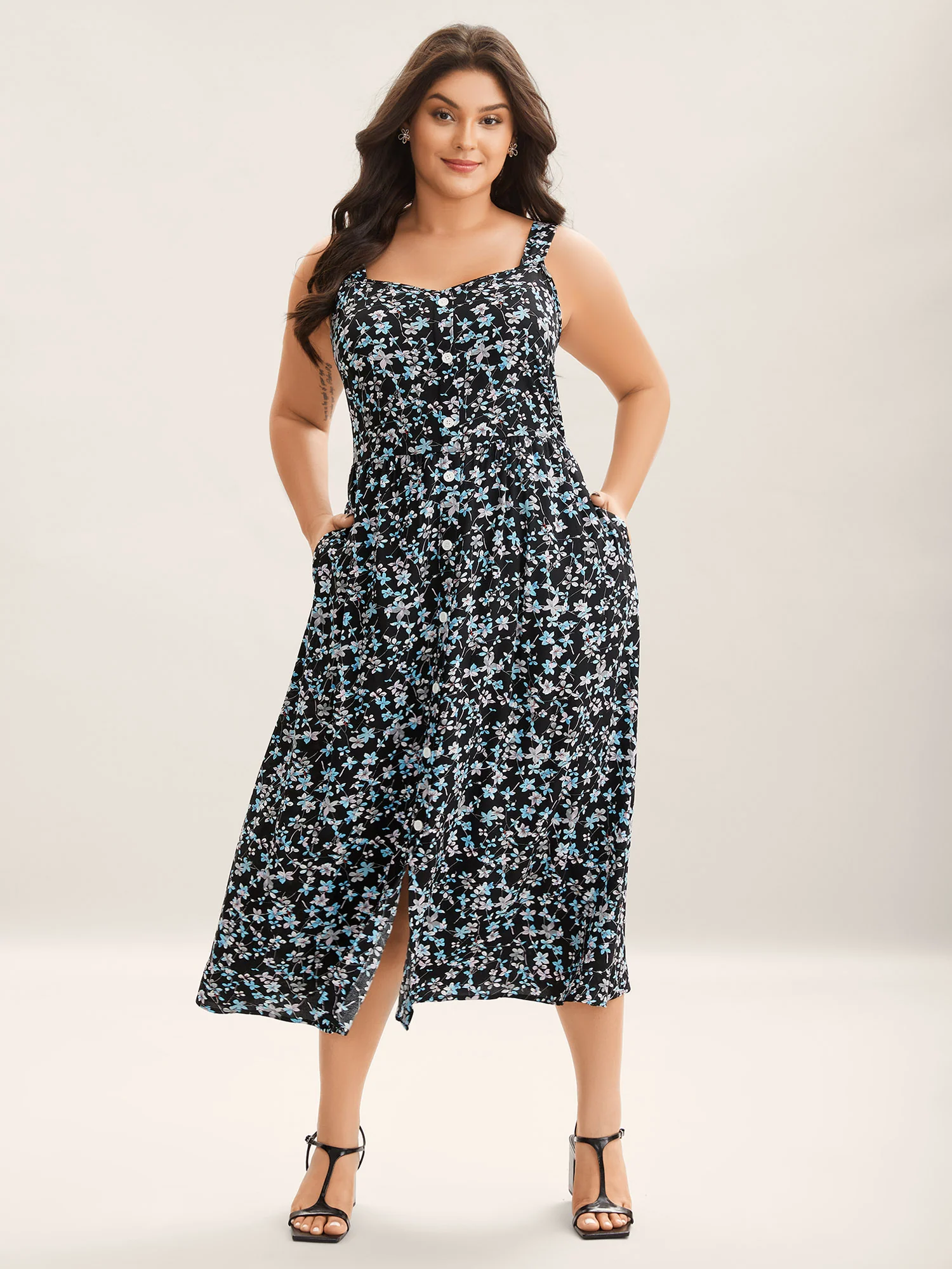Floral Print Button Detail Sleeveless Pockets Midi Dress