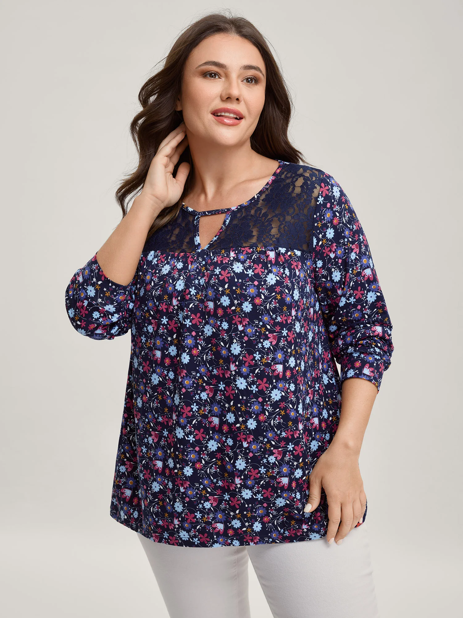Floral Print Contrast Flowy Knit Top