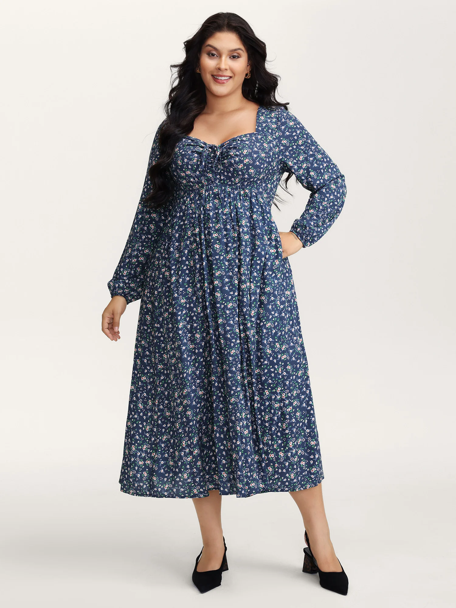 Floral Print Drawstring Bust-Ease Midi Dress