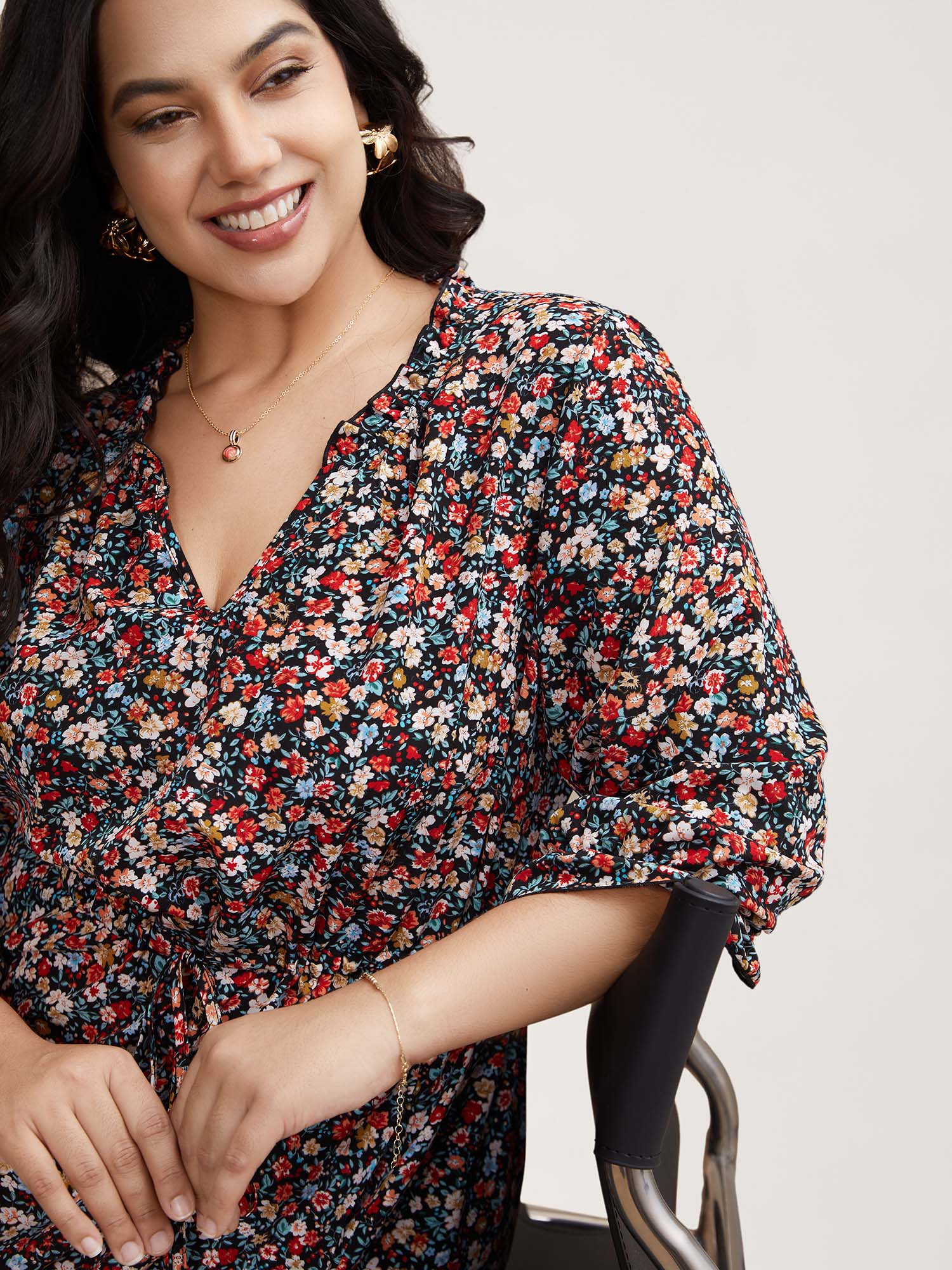 Floral Print Drawstring Pockets Flared Mini Dress