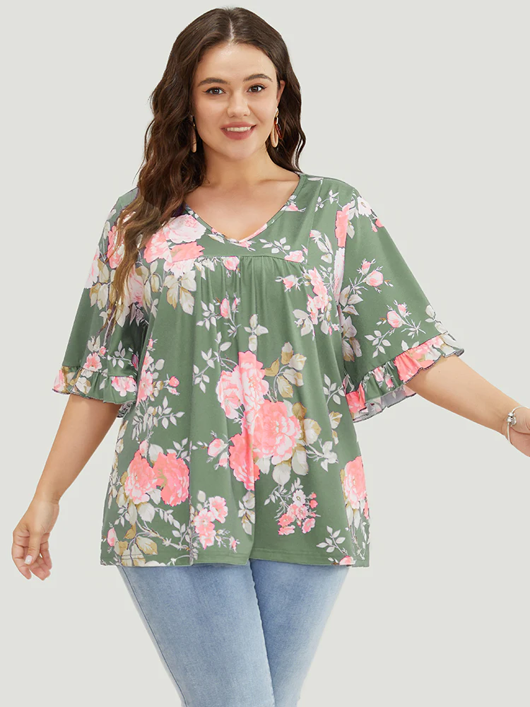 Floral Print Flutter Sleeve Gathered Detail T-shirt