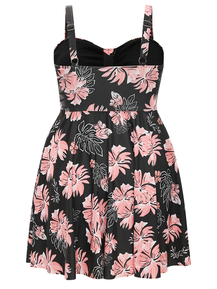 Floral Print Gathered Adjustable Straps Swim Dress - Image 12