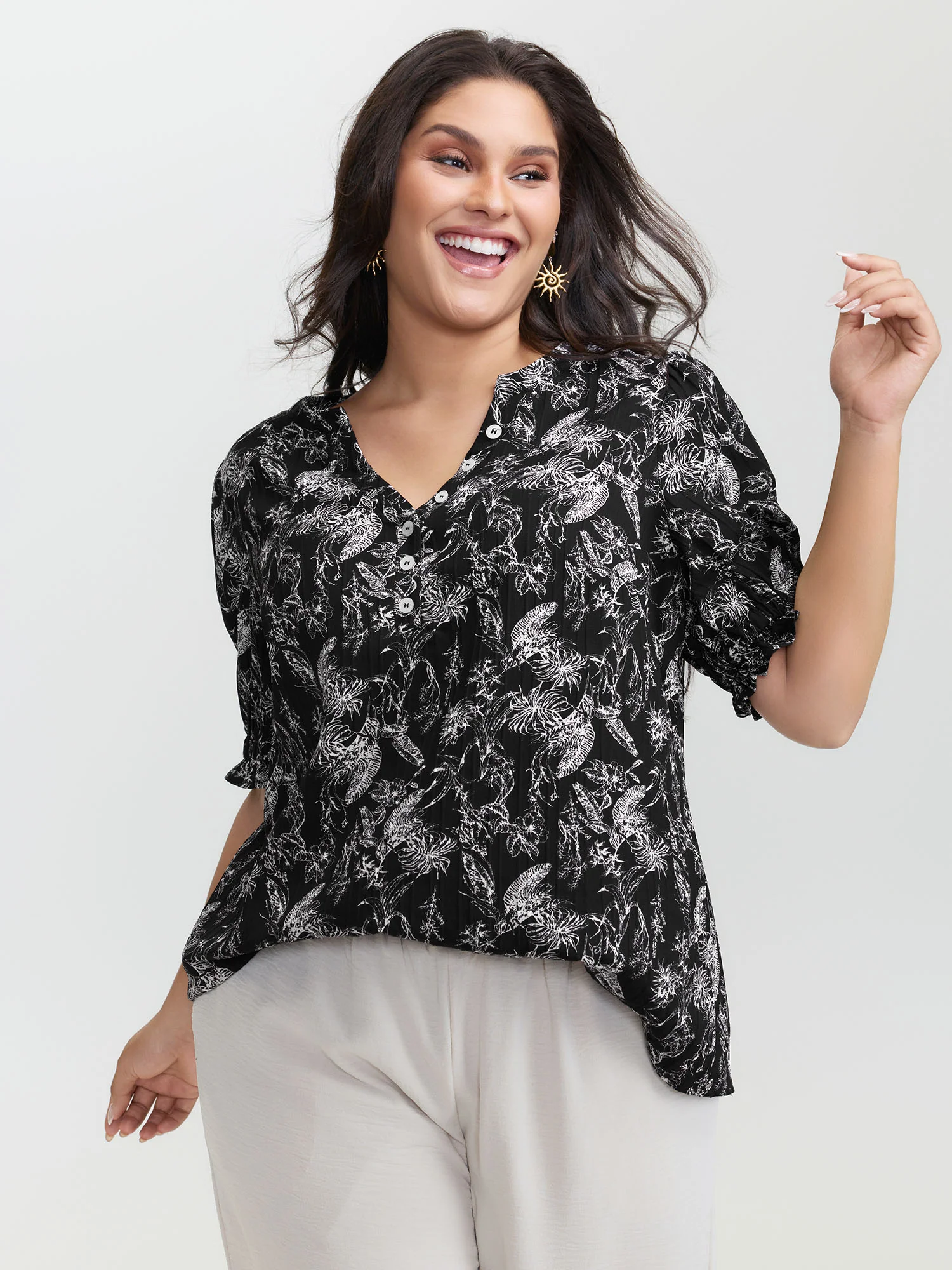 Floral Print Half-Open Placket Blouse