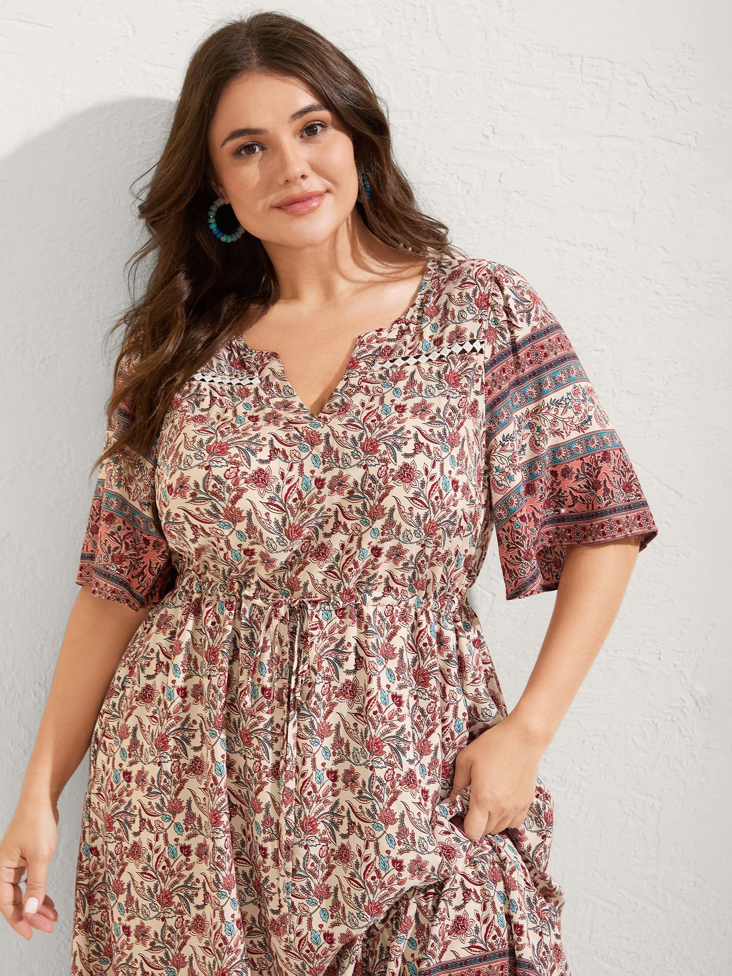 Floral Print Lace Waist Drawstring Maxi Dress