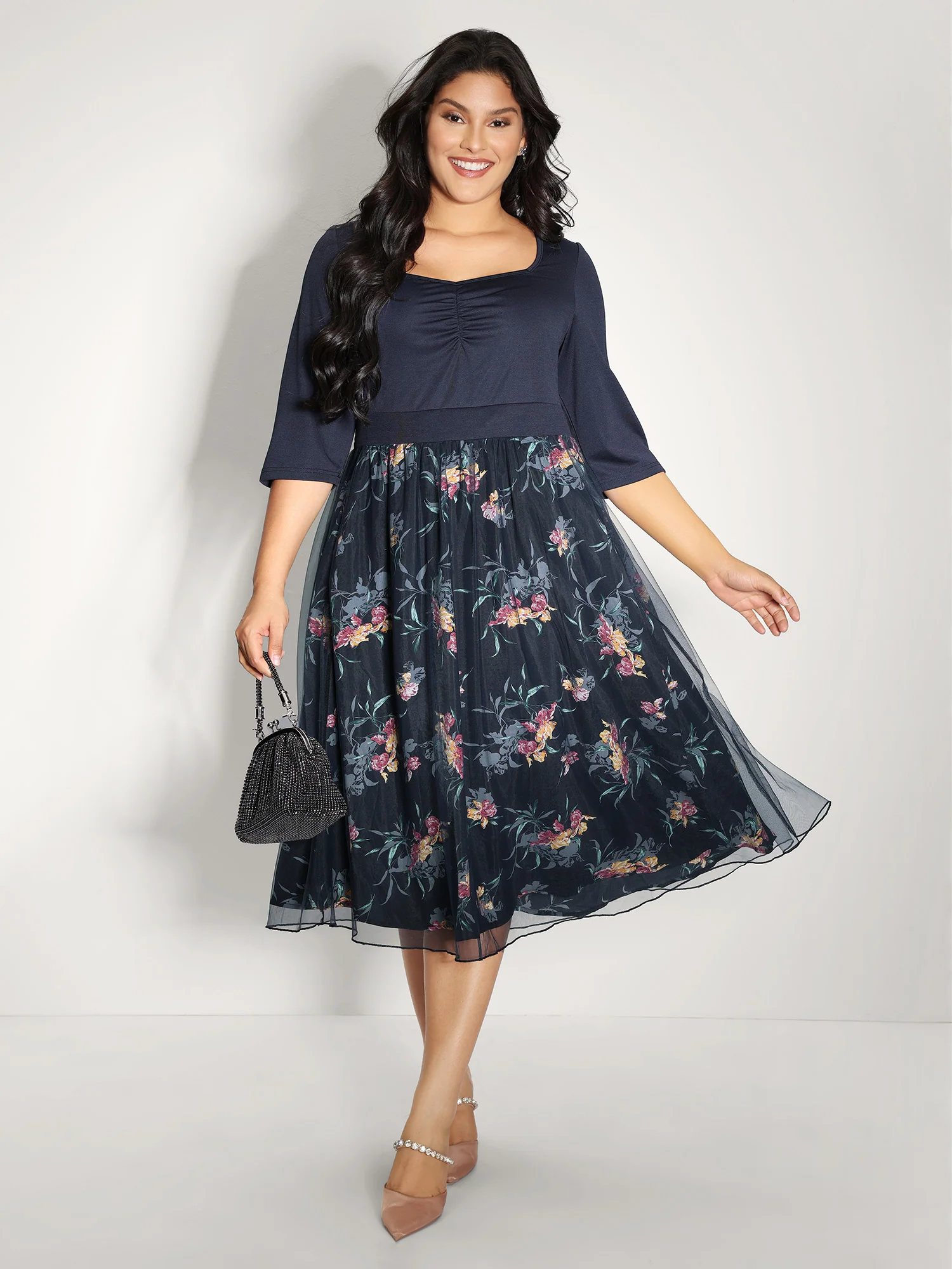 Floral Print Mesh Shirred Waist Midi Dress