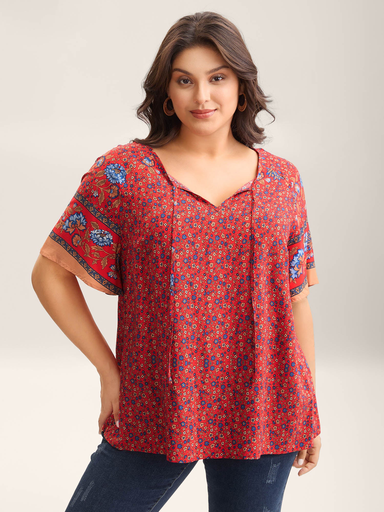 Floral Print Neck Tie Half Sleeve Blouse