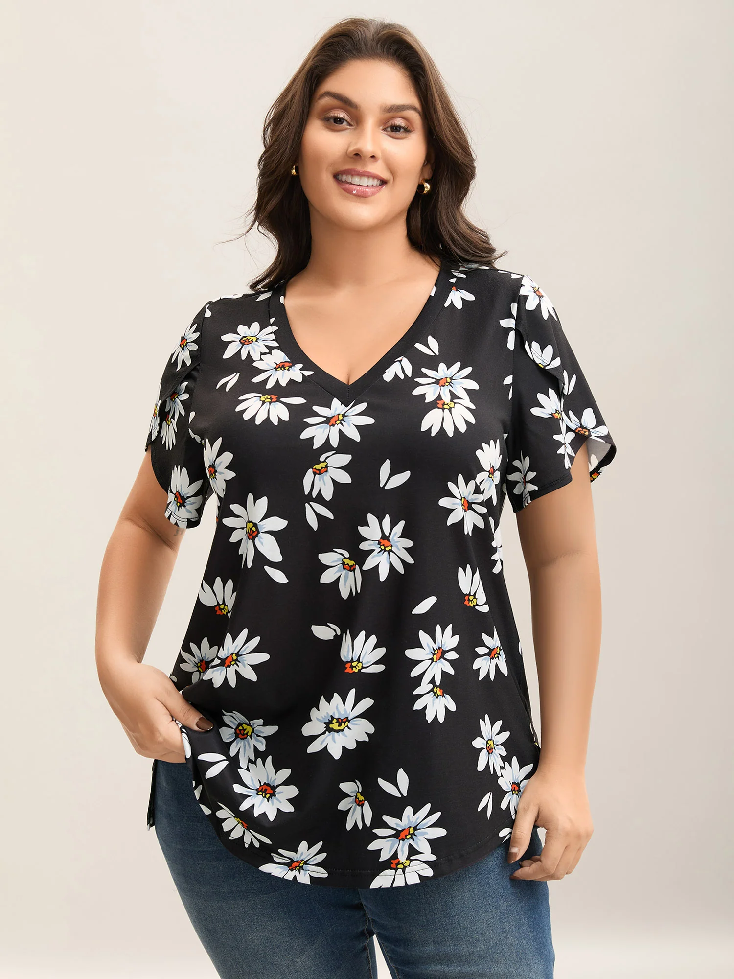 Floral Print Petal Sleeve Plain Knit Top