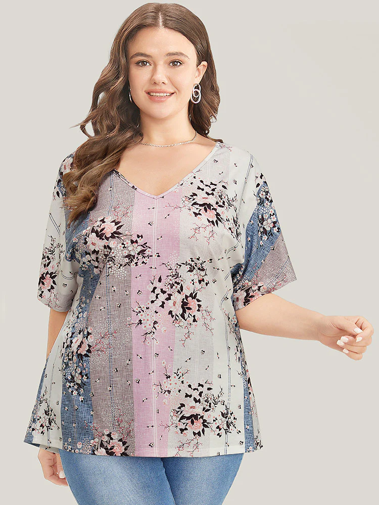 Floral Print Ruffle Sleeve Striped Contrast T-shirt